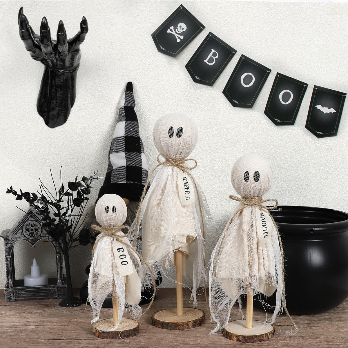 DAZONGE Halloween Decorations Indoor - Set of 3 Primitive Halloween Ghosts on Wooden Stand for Table Centerpieces, Shelves, and Mantels