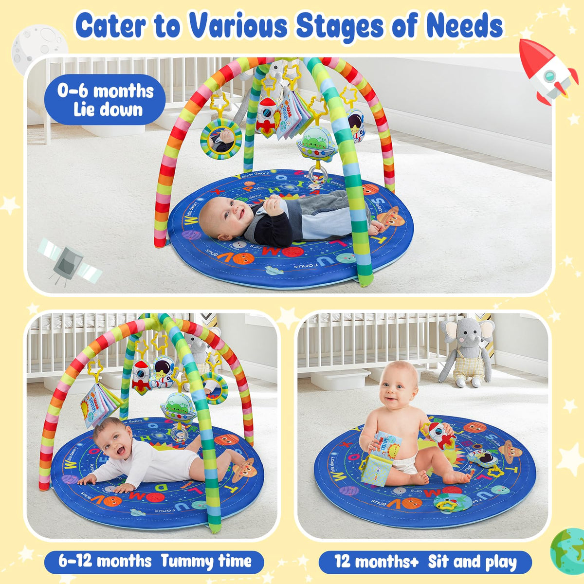 OKOOKO Baby Play Mat, Activity Baby Play Gym with Arch, Solor System Playmats & Floor Gyms, Alphabet Mat, Detachable Mirror, Thick Non Toxic Playmats for 0+