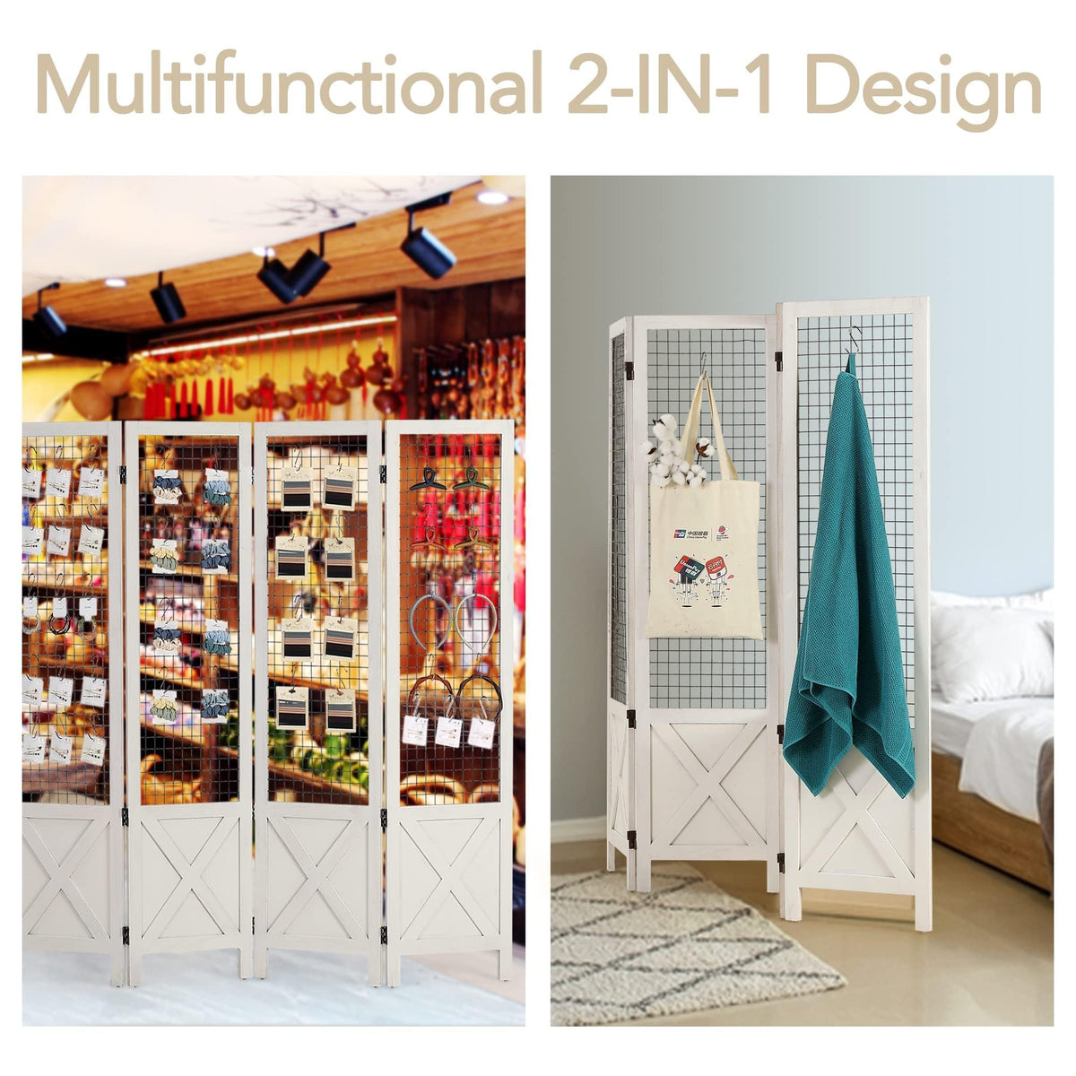 Wnutrees 4 Panel Gridwall Display, Portable Freestanding Display Board for Craft/Art Shows, Retail, Events, Decorative Wood Room Divider Folding Screens, White