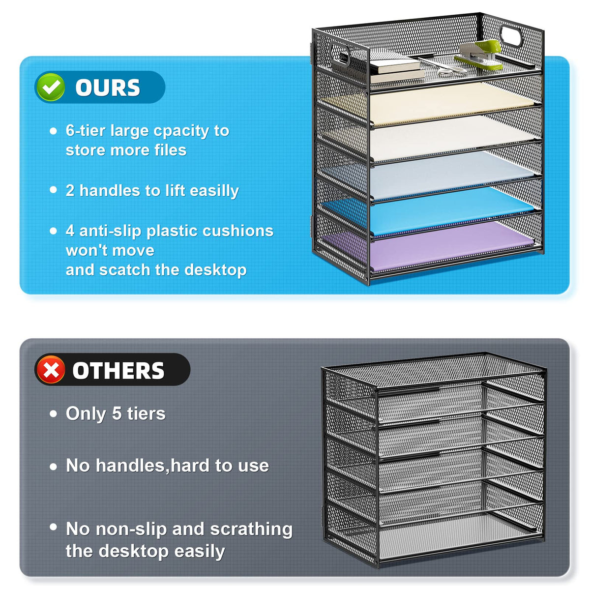 Marbrasse 2 Pack Desk Organizer with Handle, 6 Tier Paper Letter Tray, Mesh Desk File Organizer for Office, School and Home
