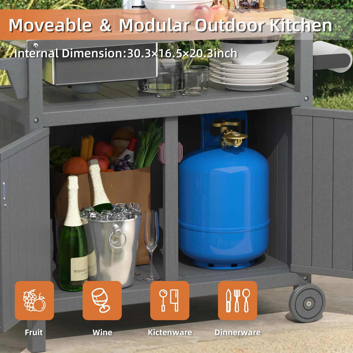TORVA All in One Outdoor Grill Cart with Sink,Cabinet and Cover, 42 inch Freestanding Modular Kitchen Sink Station in 304 Stainless Steel&HDPE, All Weather Use BBQ Table, Grey