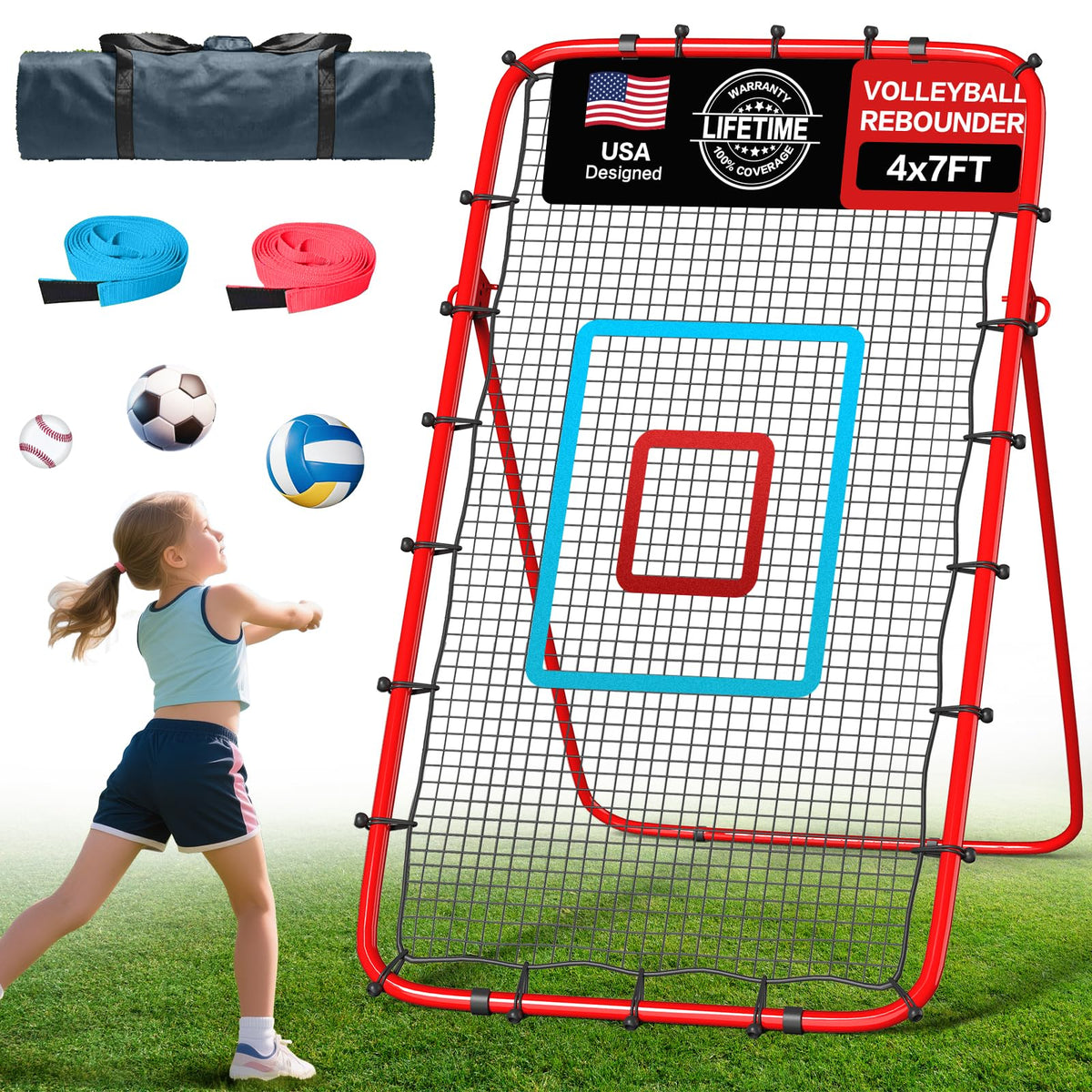 Volleyball Rebounder Net 7x4 Ft, 5-Angle Adjustable Rebounder Net for Practicing Digging, Setting, Spiking, Bounce Back Training Equipment with 2 Target Stripes & Portable Travel Bag for Storage