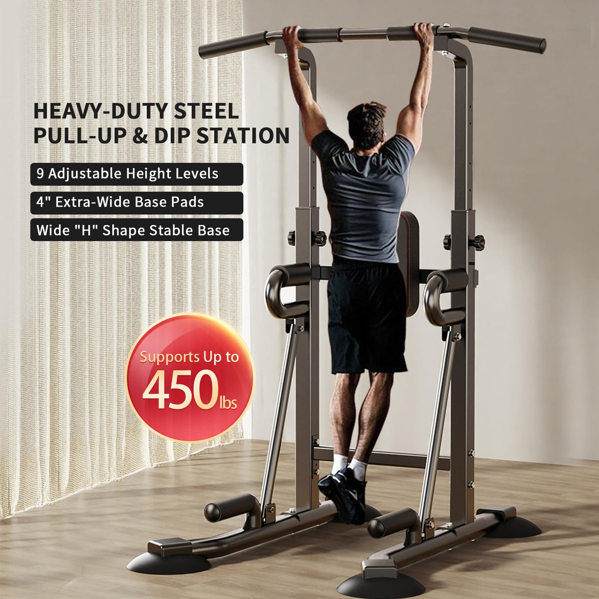 Power Tower Pull Up Bar Station, 450 lbs Capacity, Heavy-Duty 2" Steel Frame, Stable X-Base, Adjustable Dip Station for Home Gym