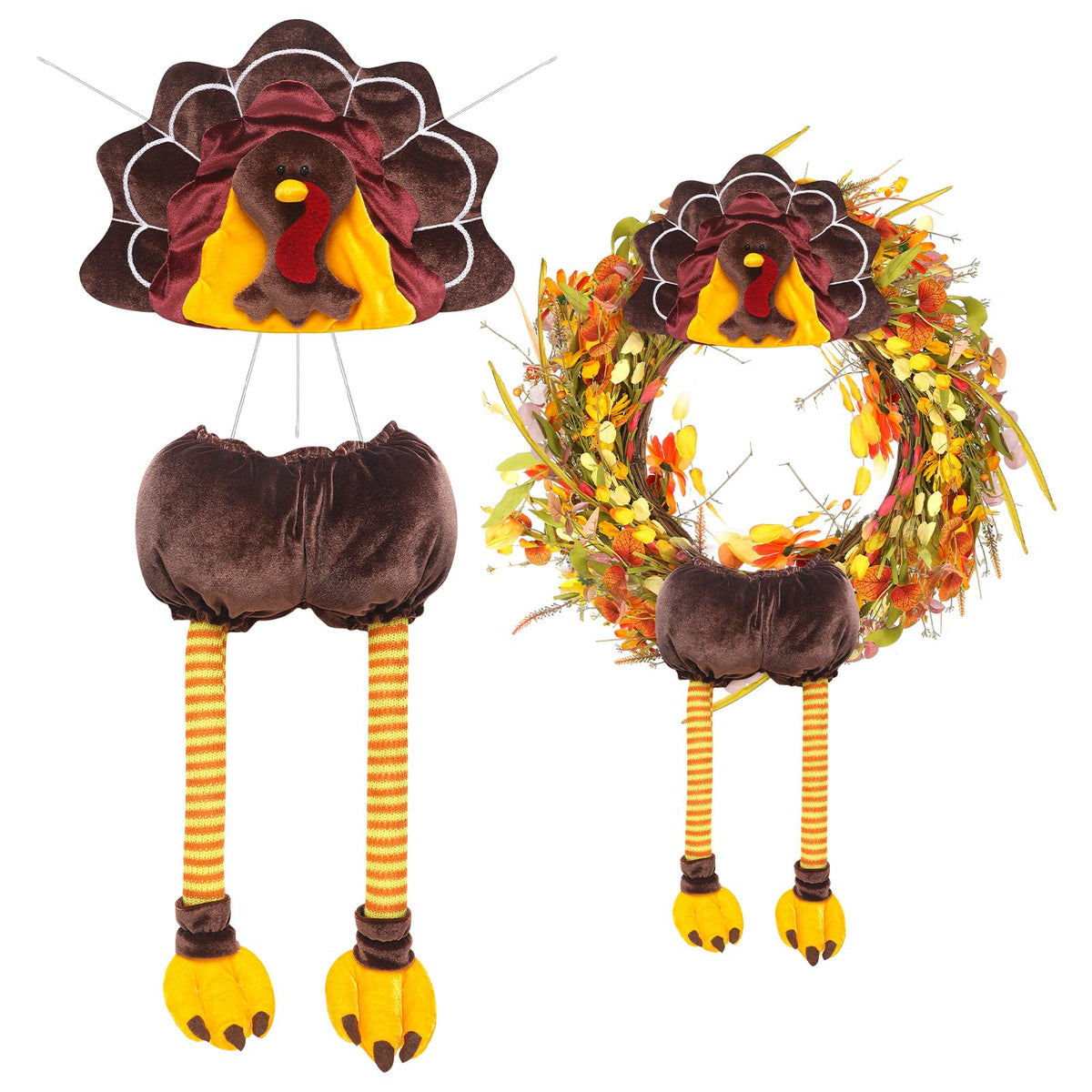Breathffy Turkey Thanksgiving Head Tail Legs Plush Wreath Embellishment Kit 2 Pieces for Fall Events Thanksgiving Party Family Gatherings Holiday Decorations 27 Inches High