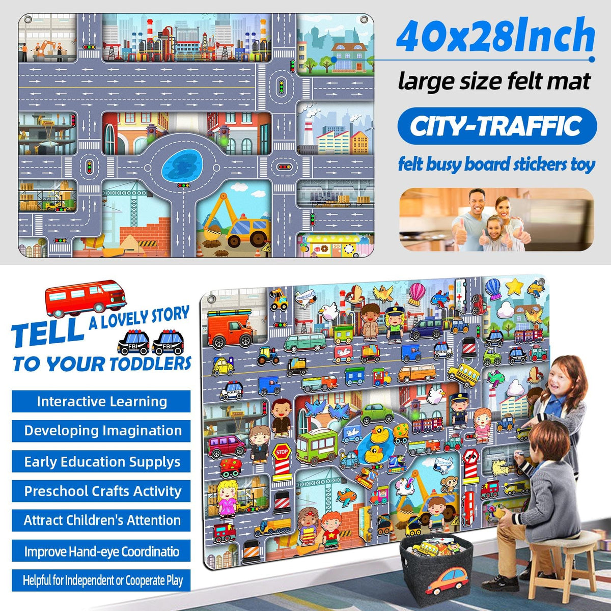 200 PCS Felt Board Story Set for Toddlers with Storage Bag City Traffic Themed Flannel Sensory Board Wall Interactive Storytelling Teaching Play Activity Kits 40x28 inch(Lightgrey)