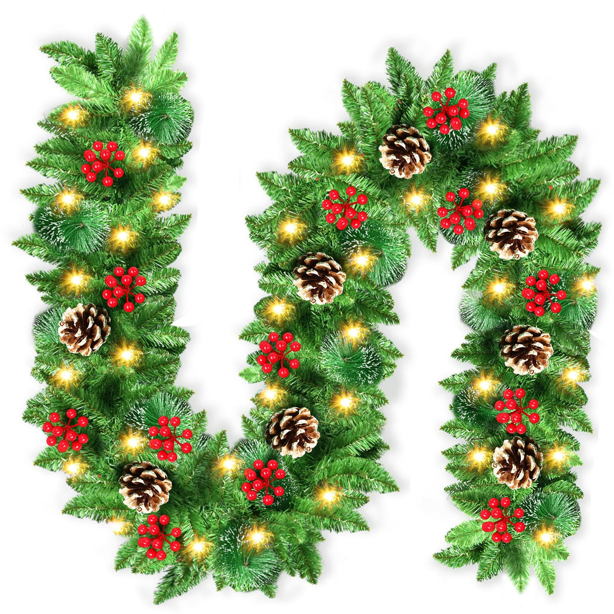 Christmas Garland, JTSIOV 9ft Artificial Christmas Tree Garland with 9ft Lights, Pine Cones, Red Berries, Branch Tips, Waterproof Christmas Decoration for Stairs, Fireplace, Door, Xmas Trees, Garden