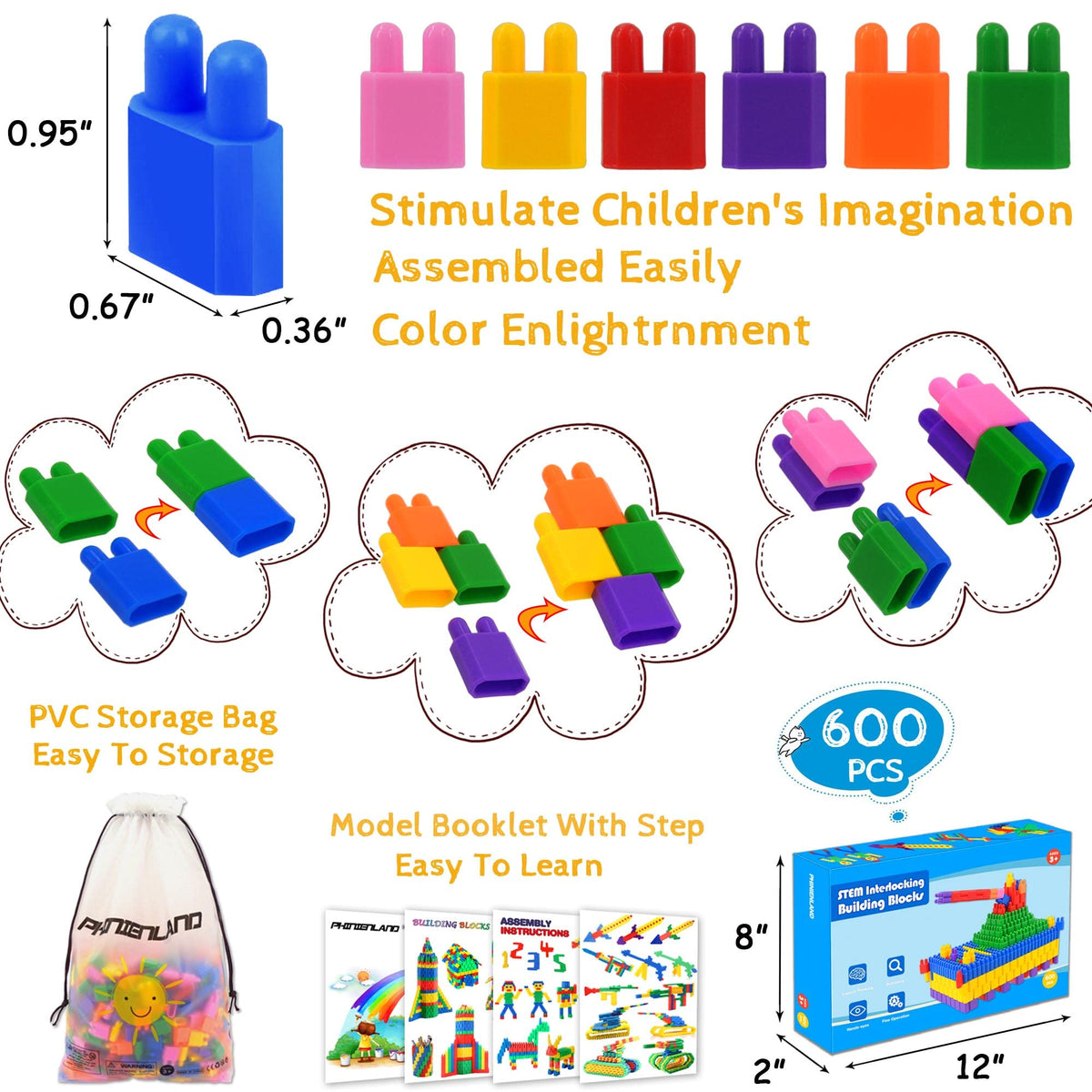 FUBAODA Kids 600pcs Set Building Blocks Construction Toy - Learning Playset STEM Educational Kit Child Branin Development Preschool Kindergarten Toy