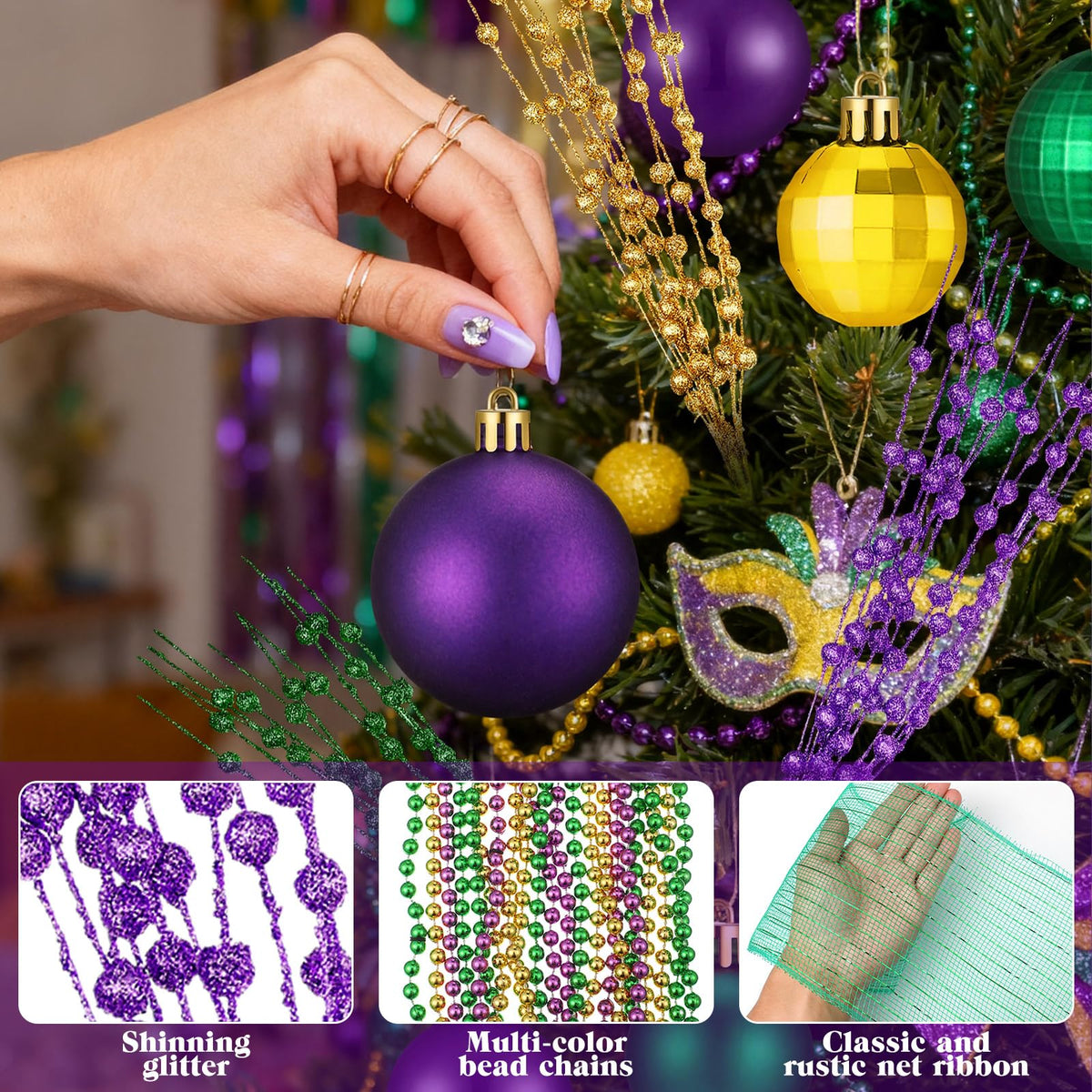 Vertintong 69 Pcs Mardi Gras Decorations Set Mardi Gras Tree Decor Bulk Purple Yellow Green Ball Ornament Fleur-de-lis Wired Berry Stems Beads Ribbon for Xmas Holiday Party Tree Ornaments