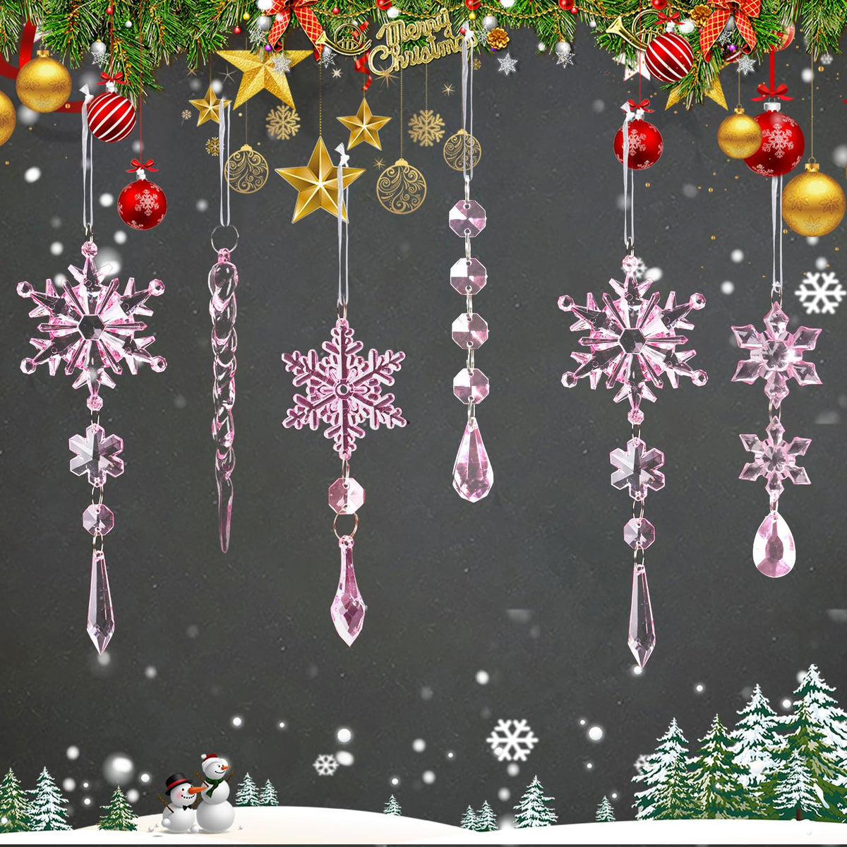 18pcs Crystal Christmas Ornaments for Christmas Tree Decorations-Pink Hanging Acrylic Snowflake and Icicle Ornaments with Drop Pendants for New Year Party Decorations Supplies