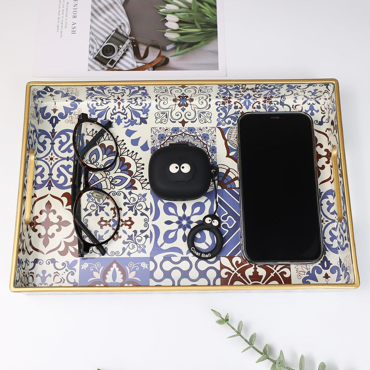 Spsyrine Bathroom Vanity Tray with Handles for Dresser Tops, Countertop, Perfume Decorative Tray, 11.8” * 7.87” *1.37” C1