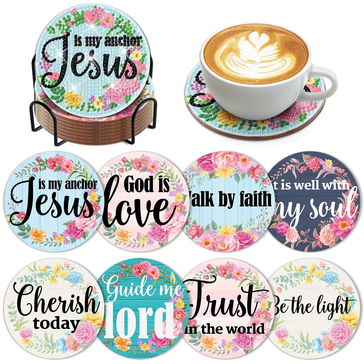 8 PCS Christian Bible Verse DIY Farmhouse Coasters Kit with Holder - Christian Present for Beginners, Adults, Kids - Diamond Art Crafts Supplies