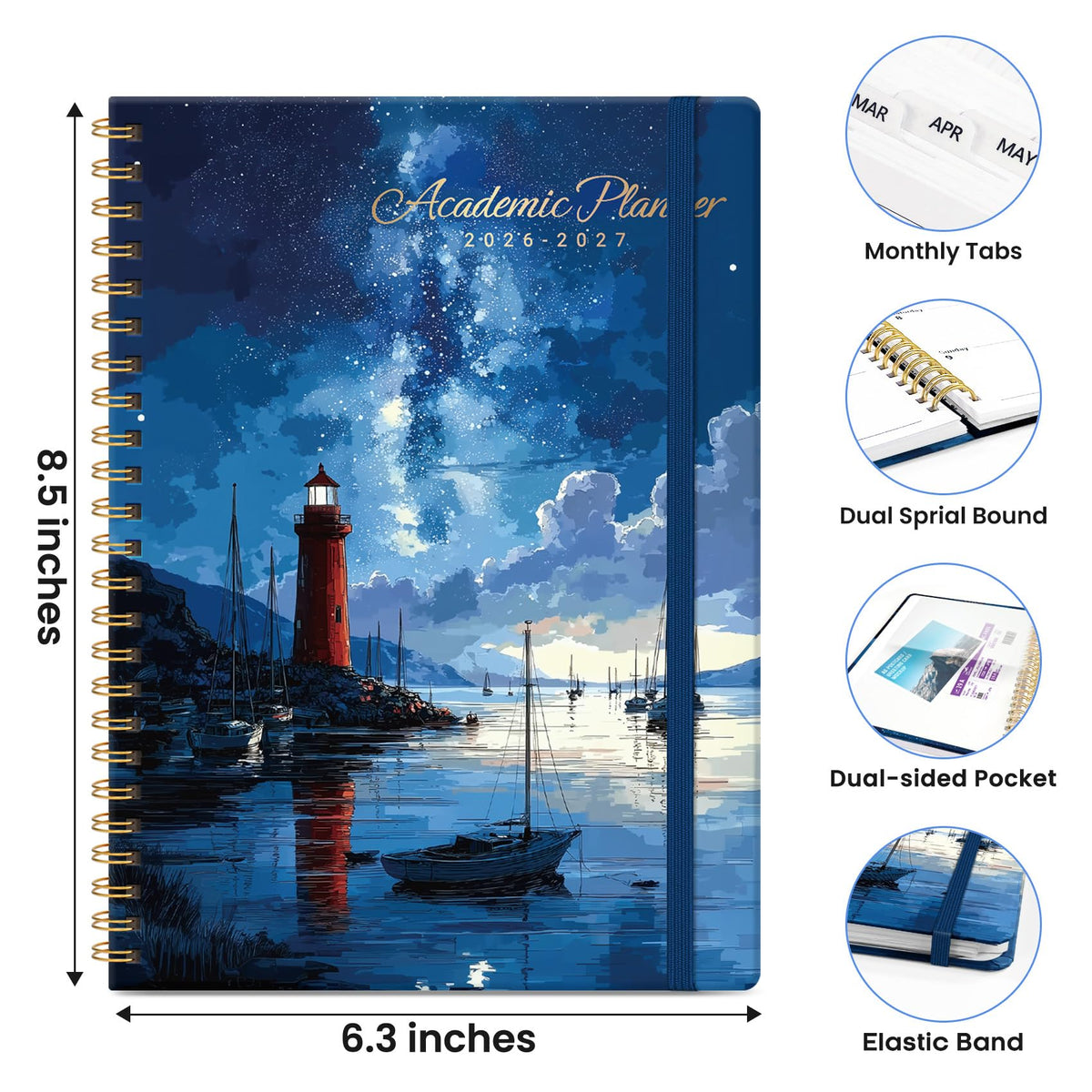 Academic Planner 2026-2027, Monthly and Weekly Calendar Planner, July 2026 - June 2027, Pretty Hardcover Teacher Student Planning Agenda Book with Tabs, Fit for School Office Supplies, 6.3" x 8.5", Harbor Starlight