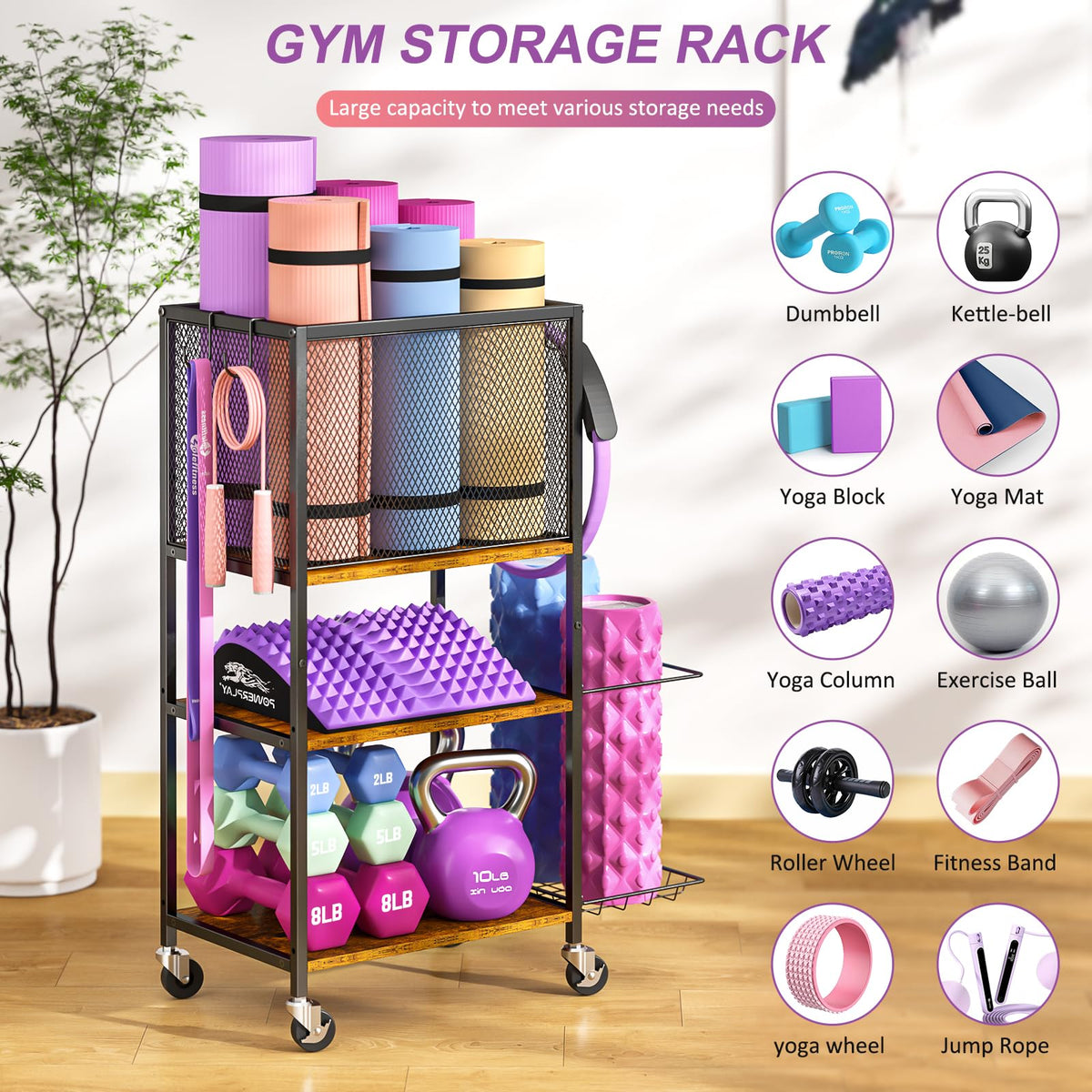 3 Tier Dumbbell Rack, Yoga Mat Storage Holder, Home Gym Storage Rack, Workout Equipment Storage Organizer, Weight Storage Holder Rack with Hooks and Wheels