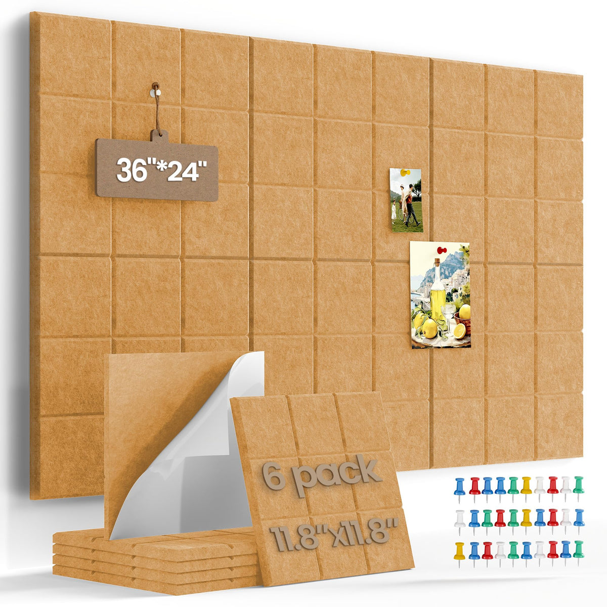 Uoisaiko Bulletin Board 6 Pack Large Pin Board 11.8" x 11.8", Felt Board Tiles with 30 Push Pins Alternative to Cork Board for Wall Damage-Free, Self Adhesive Notice Board Memo Board for Home Office
