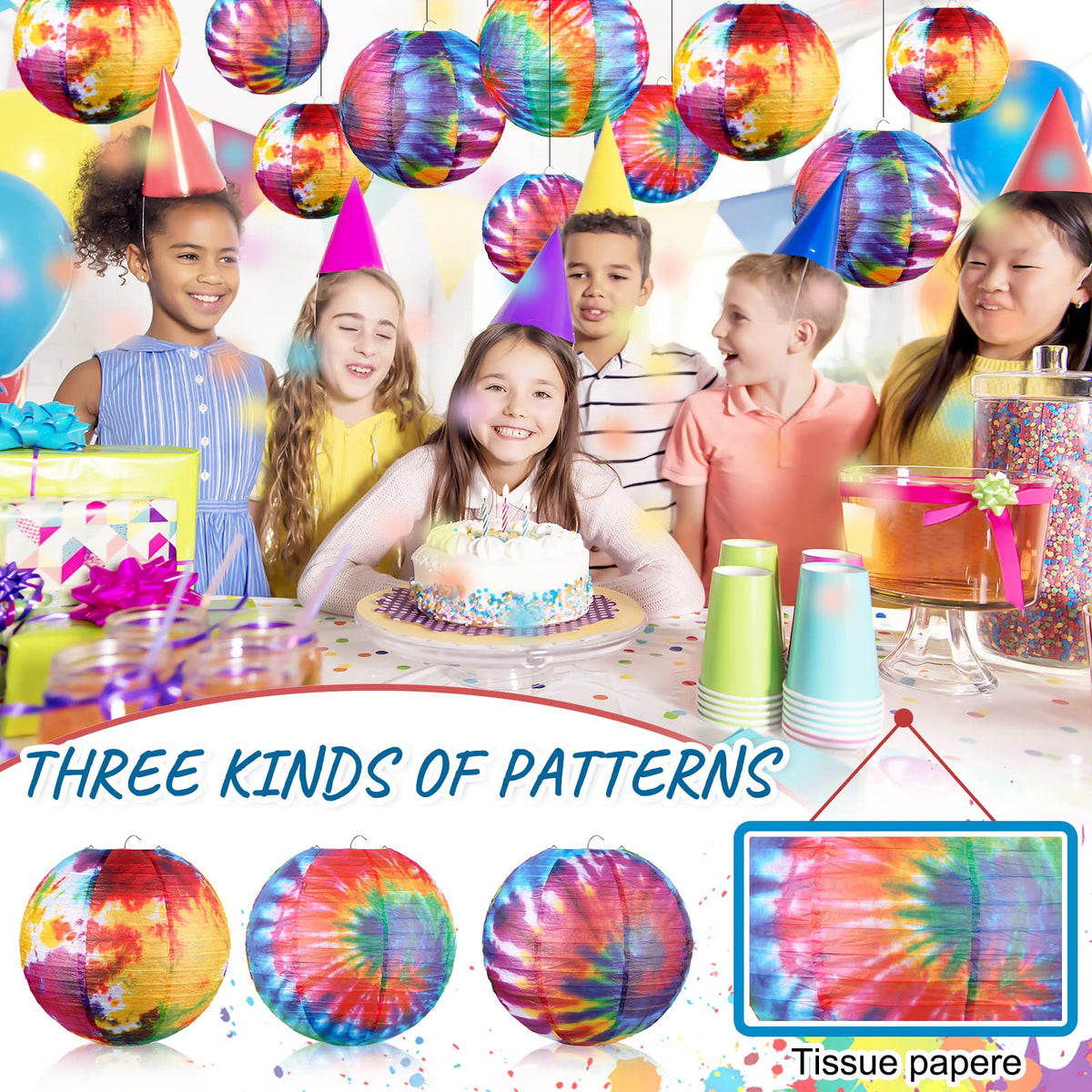 20 Pcs Tie Dyed Groovy Paper Lanterns Chinese Japanese Lanterns Groovy Party Decorations Tie Dye Party Supplies Classroom Hanging Ceiling Decorations for Home Decor Parties Weddings, 12 Inch, 6 Inch
