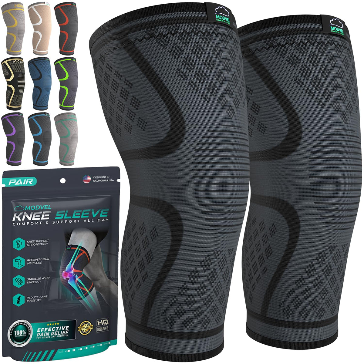 Modvel Compression Knee Brace for Women & Men, 2-Pack Knee Brace for Running Knee Pain, Knee Support Compression Sleeve, Workout Sports Knee Braces for Meniscus Tear, ACL & Arthritis Pain Relief