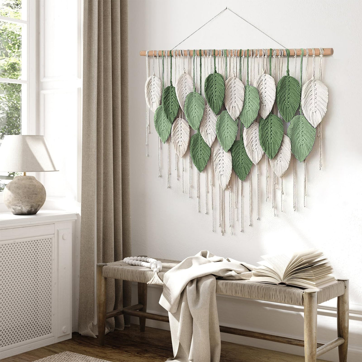 Weldomcor Large Macrame Wall Hanging, Boho Leaves Macrame Tapestry Wall Decor Handmade Woven Hanging Decor Chic Bohemian Wall Art Home Decoration for Bedroom Living Room Nursery Office 39"W x 29.5"L