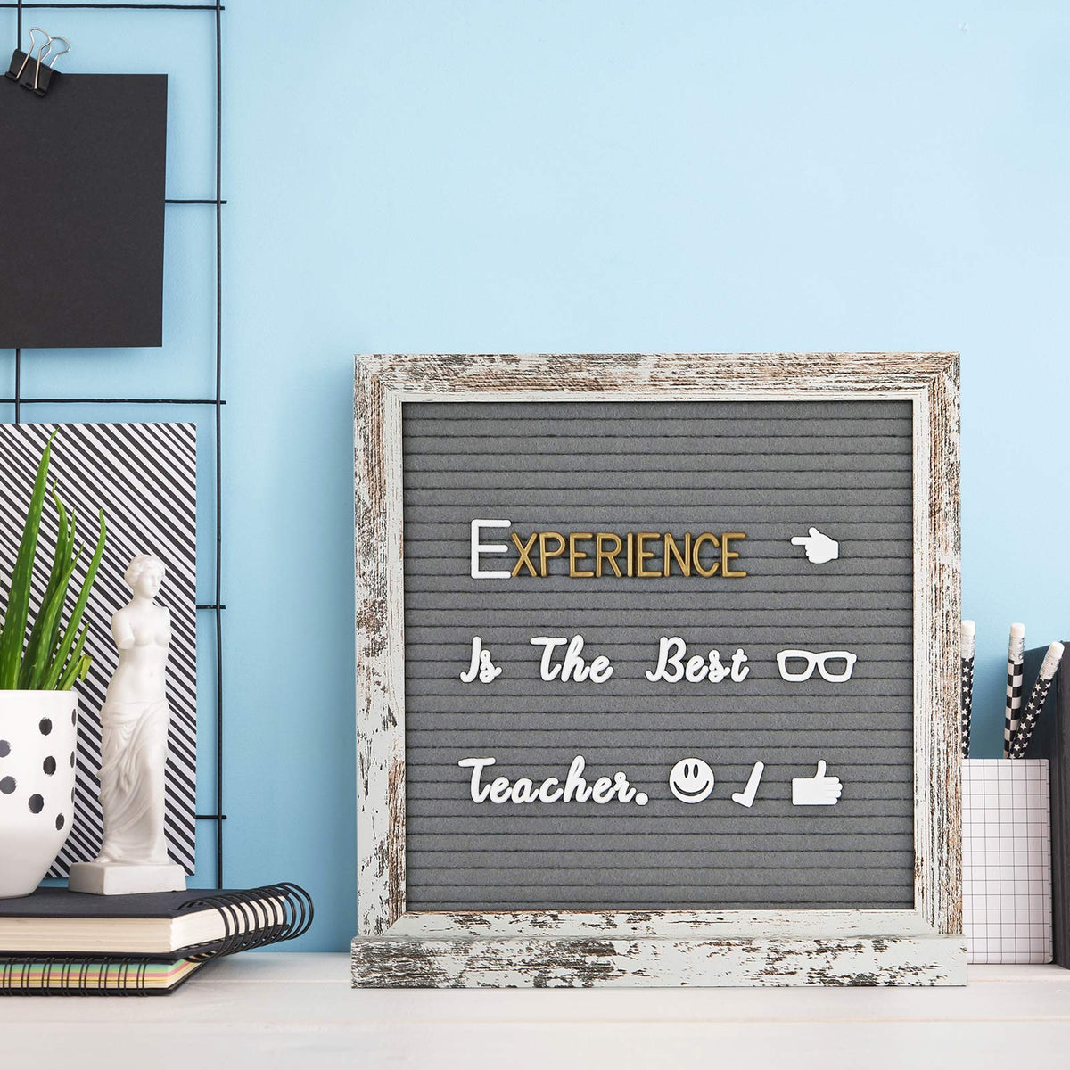 Double Sided Felt Letter Board with Rustic Wood Frame 10x10 Inch - Pre Cut & Sorted 725 Letters with Stand, Cursive Style Letters, Big Letters, Letter Organizer, Tabletop Display