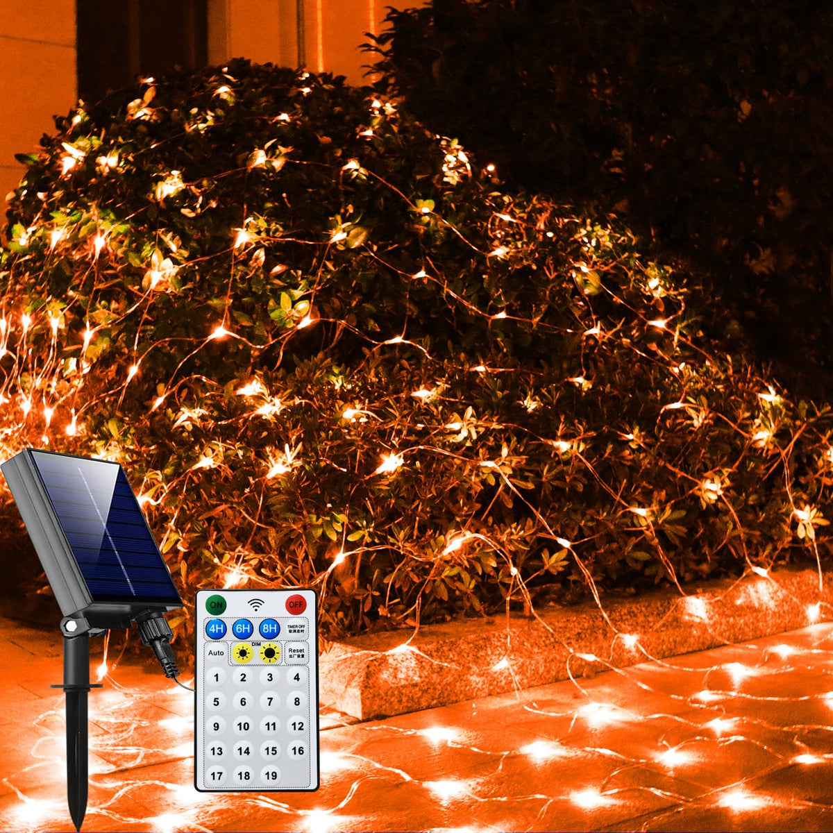 Solar Net Halloween Lights Orange Fall Decor, 200 LED Mesh Lights Outdoor, 19 Modes Transparent Wire Solar Powered Wrap Tree for Garden, Yard, Bushes, Trunk, Christmas Decor-9.8ft x 6.6ft