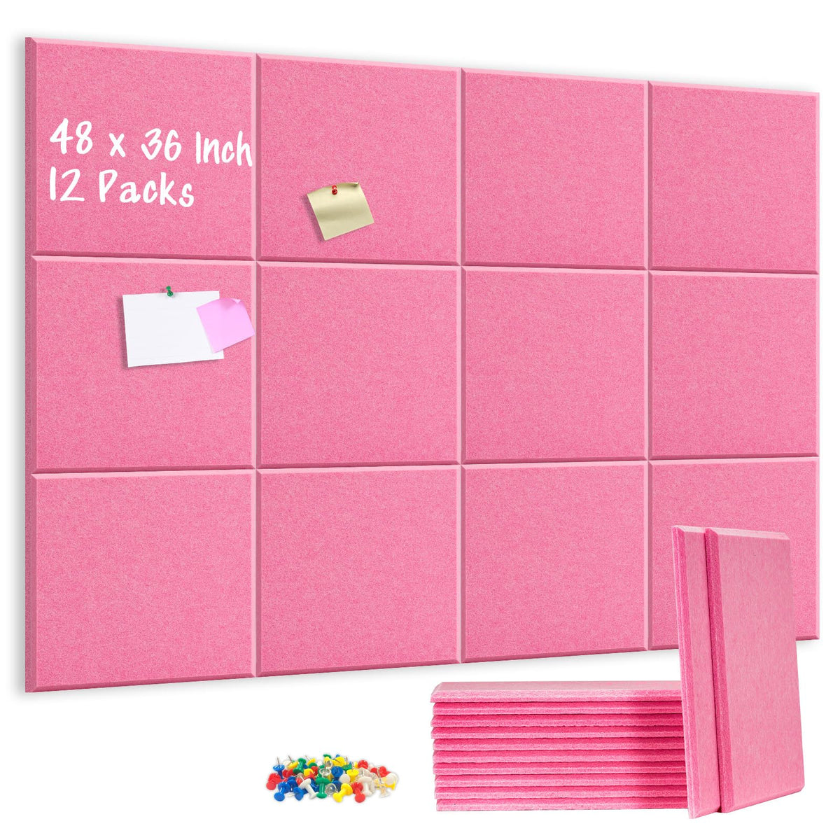 DOLLAR BOSS Large Cork Board for Wall 48" x 36" x 0.5" Pink Bulletin Board 12 Packs Corkboard Tiles Self Adhesive Felt Wall Tiles for Office Home School, Pink