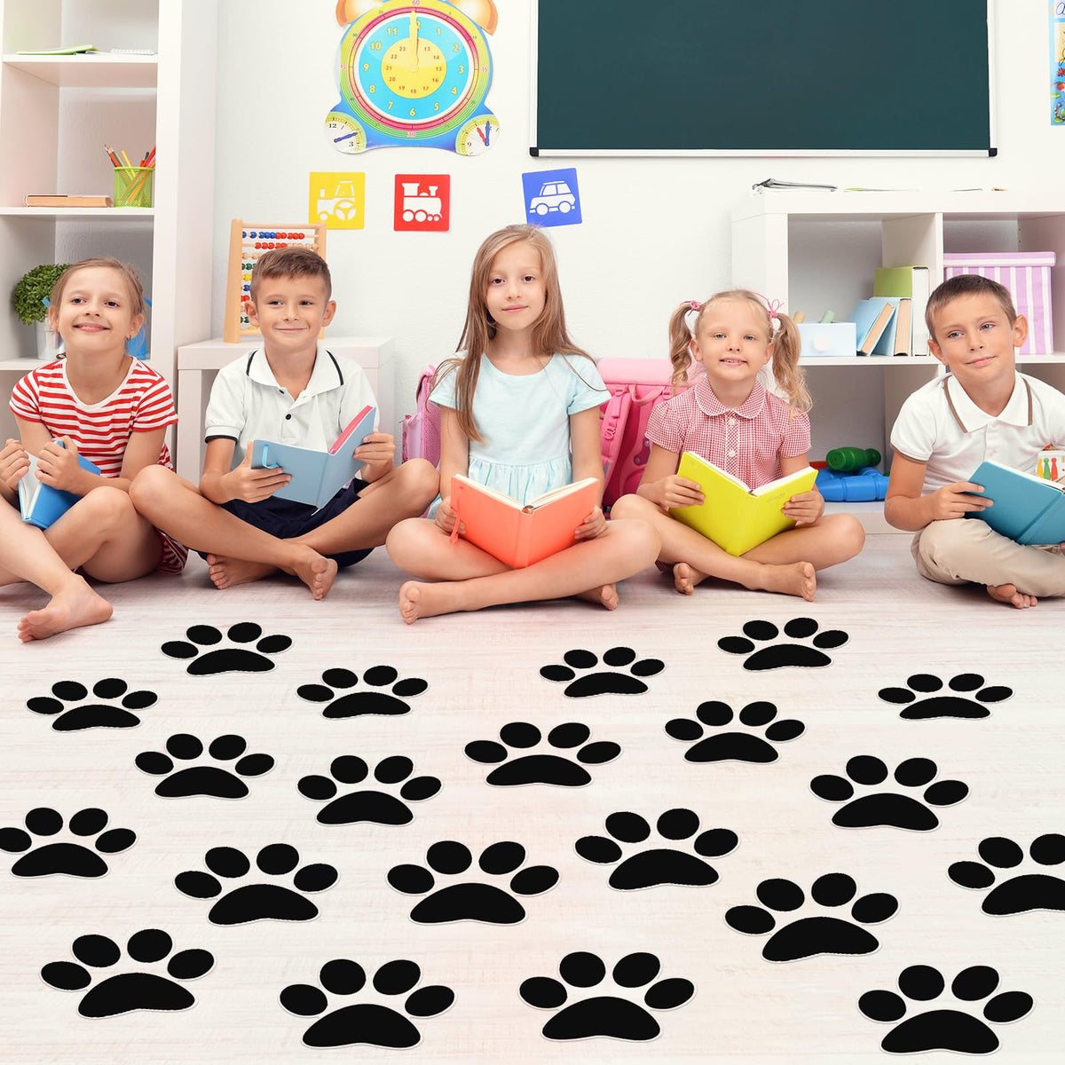 ReliThick 30 Pcs Paw Print Floor Decal 7.5" Large Pawprints Wall Cling Self Adhesive Footprint Floor Cling Window Stickers Wall Decal for Bedroom Living Room Decor(Black)