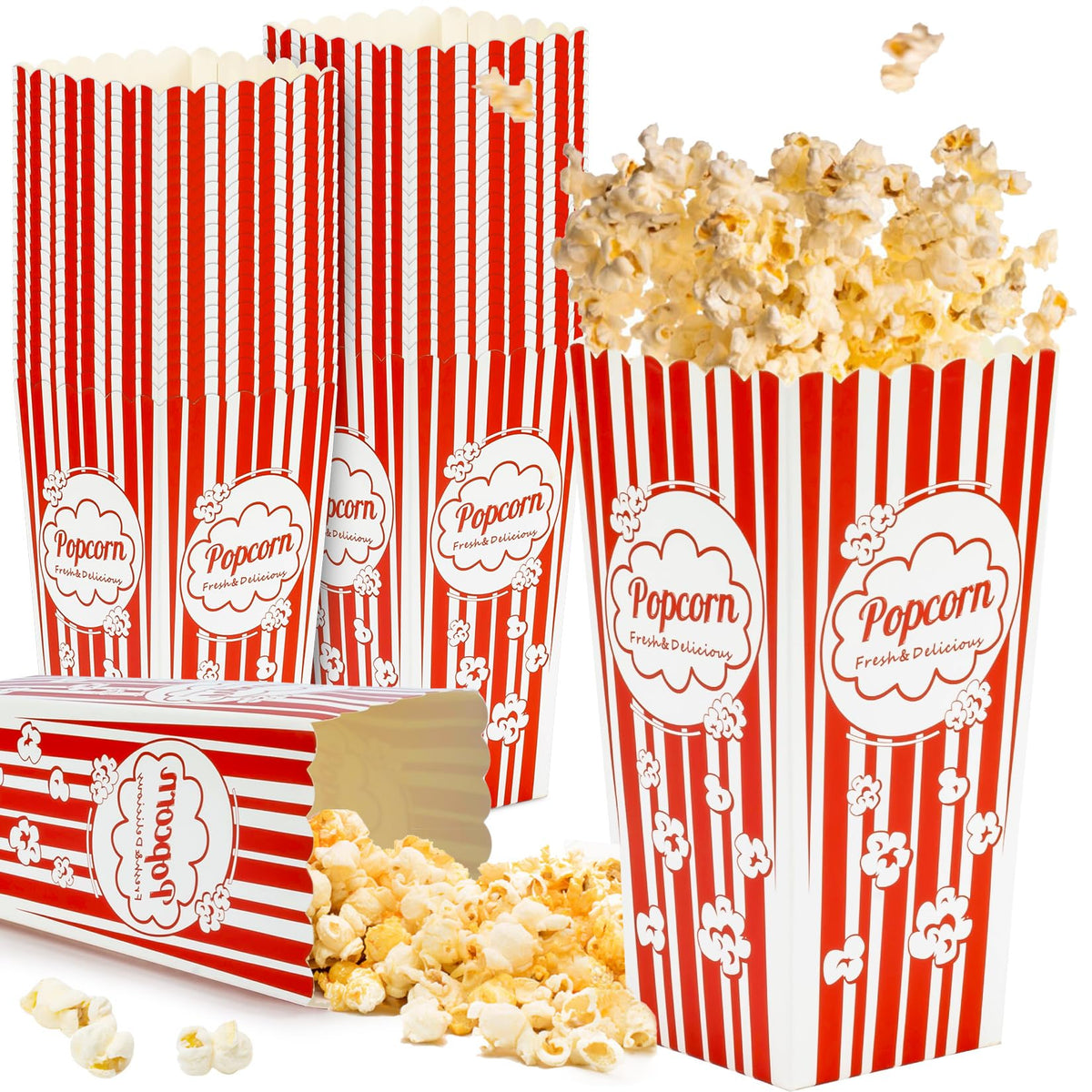 MAQIHAN 50 Popcorn Boxes Easy Assembly - 46oz Square Popcorn Bowls Square Buckets Containers Tub Paper Cups Holders Disposable Halloween Carnival Christmas Movie Night Party Individual Servings