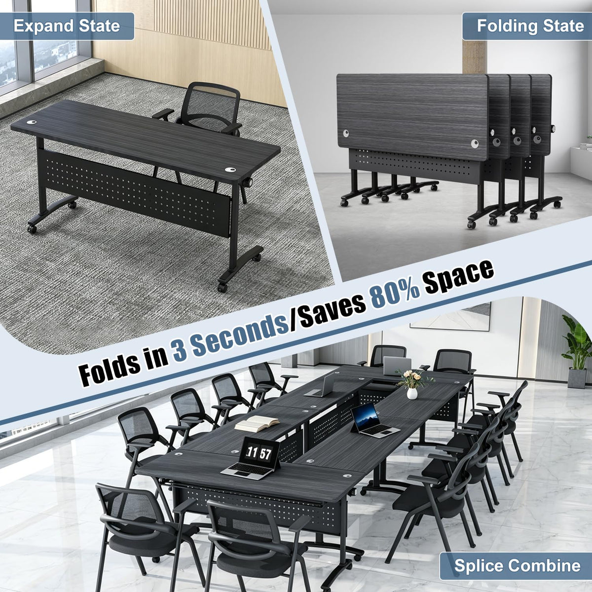 Folding Conference Room Tables with Wheels, Modular Conference Table Foldable Mobile Office Training Tables, Seminar Rolling Flip Top Nesting Meeting Table Space-saving for Classroom, Black 8Pack