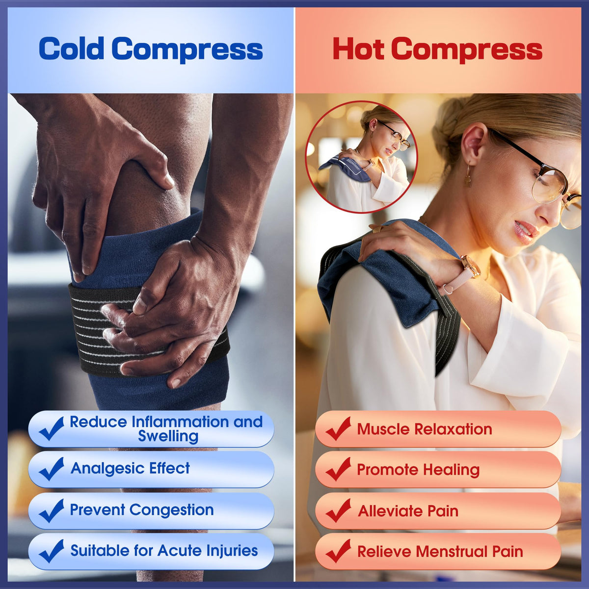 Ice Packs for Injuries Reusable, 4 Pack Hot and Cold Gel Packs and 2 Pack Adjustable Flexible Gel Wraps for Back Shoulders Arms Knees and Legs Injury Recovery, Alleviate Joint and Muscle Pain Relief