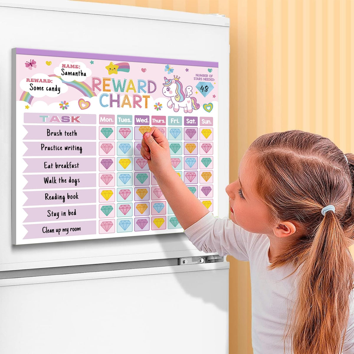 Reward Chart for Kids,Magnetic Behavior Chore Chart for Kids at Home,26 Little Hose Chore Charts,1960 Diamond Stickers,56 Reward Stickers,Incentive Chart to Develop Responsibility and Good Habits,Pink