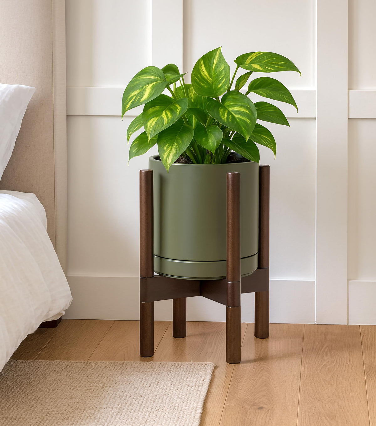 D'vine Dev Ceramic Planter with Walnut Color Stand - 8 Inch Modern Round Flower Pot with Wood Planter Holder, Olive, 55-B-Y-J