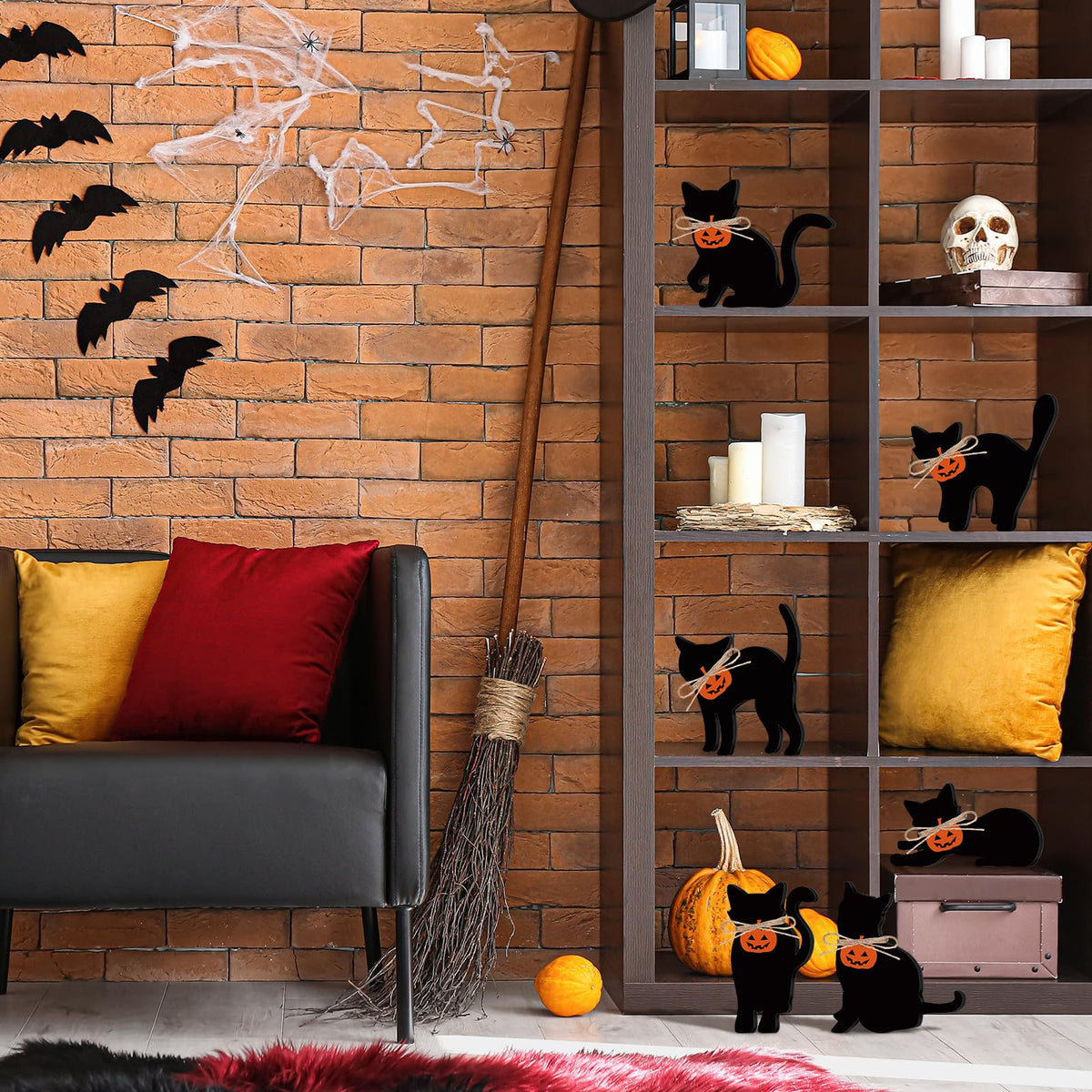 Pinkunn 6 Pcs Halloween Wood Decors with Pumpkin Black Cat Silhouette Decor Wooden Tiered Tray Sign for Home Table Mantel Party Centerpiece