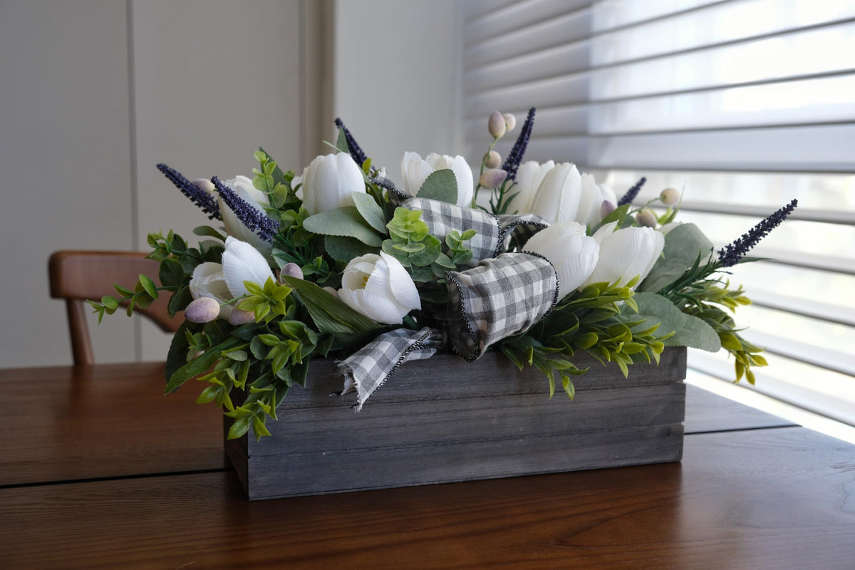 Spring Table Decor Faux White Tulips Arrangement, Spring Easter Tabletop Floral Centerpiece, Artificial Tulip Lavender Eucalyptus Boxwood and Bow in Rectangular Wood Box for Home Decoration, 14in