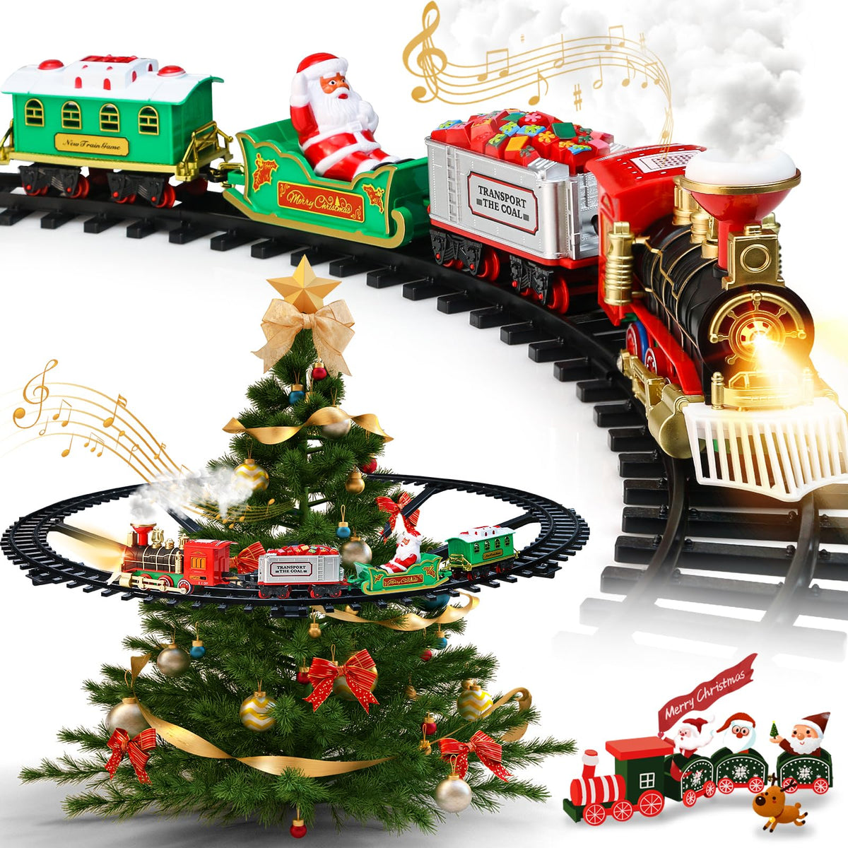 Christmas Train Set - Hanging Train Toys Around Under The Christmas Tree w/Smoke, Whistle (Turn on/Off) & Lights, Toys Decoration for 3 4 5 6 7 8+ Boys Girls