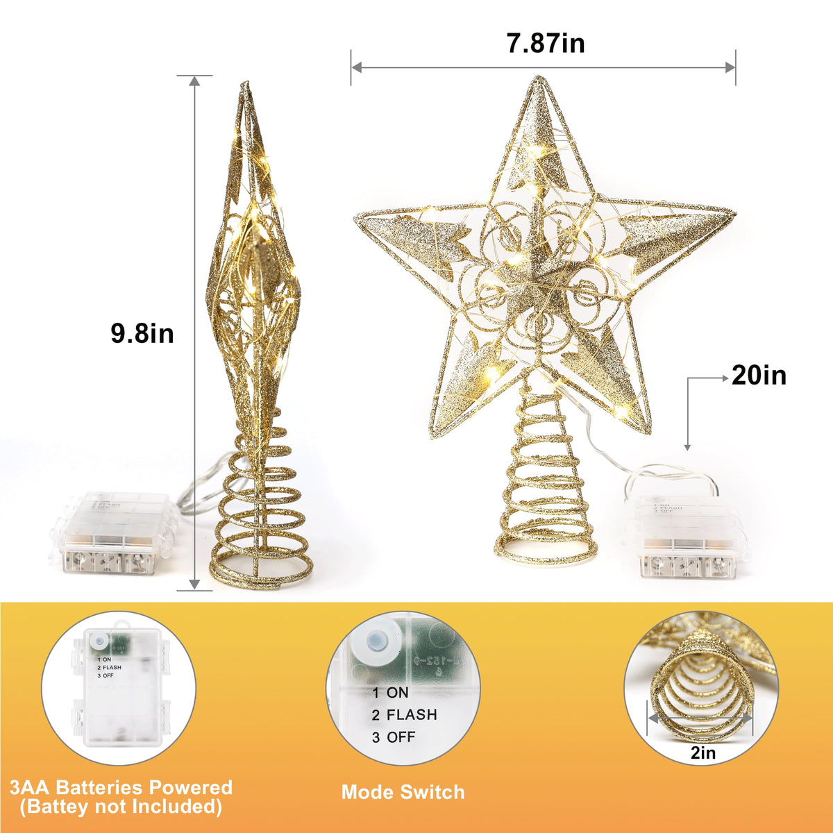 Brizled Gold Christmas Tree Topper Lights, 8" Hollow-Out Star Tree Topper with 20 LED Warm White Lights, Battery Powered Xmas Tree Topper 5 Point Star Treetop for Christmas Tree Home Party Decor