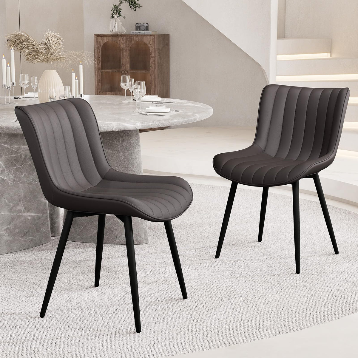 YOUNUOKE Dining Chairs Set of 2 Upholstered Mid Century Modern Kitchen Chair Comfortable Armless Faux Leather Accent Chair with Metal Legs for Guest Waiting Reception Living Room, Dark Brown