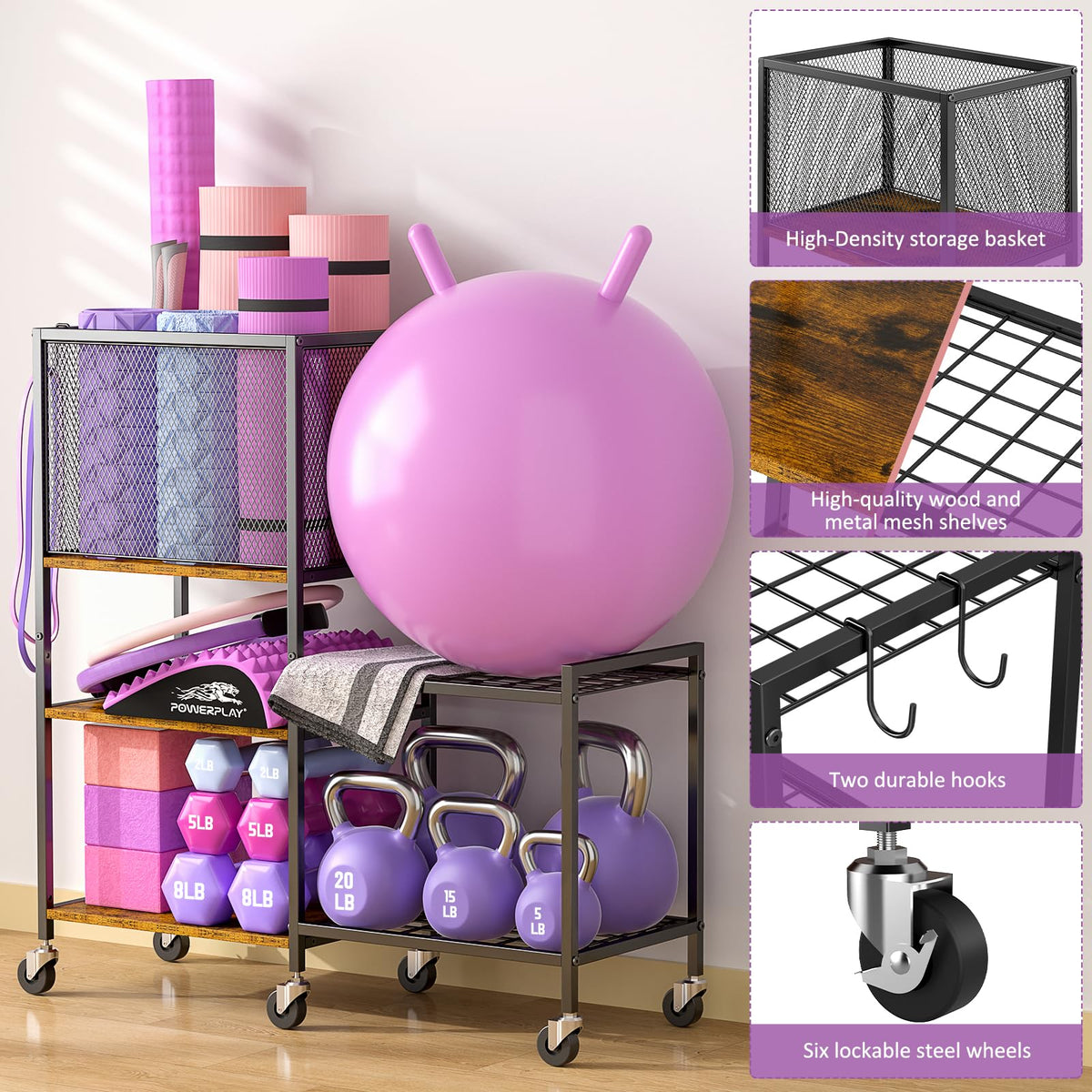 5 Tier Dumbbell Rack, Yoga Mat Storage Holder, Home Gym Storage Rack, Workout Equipment Storage Organizer, Weight Storage Holder Rack with Hooks and Wheels