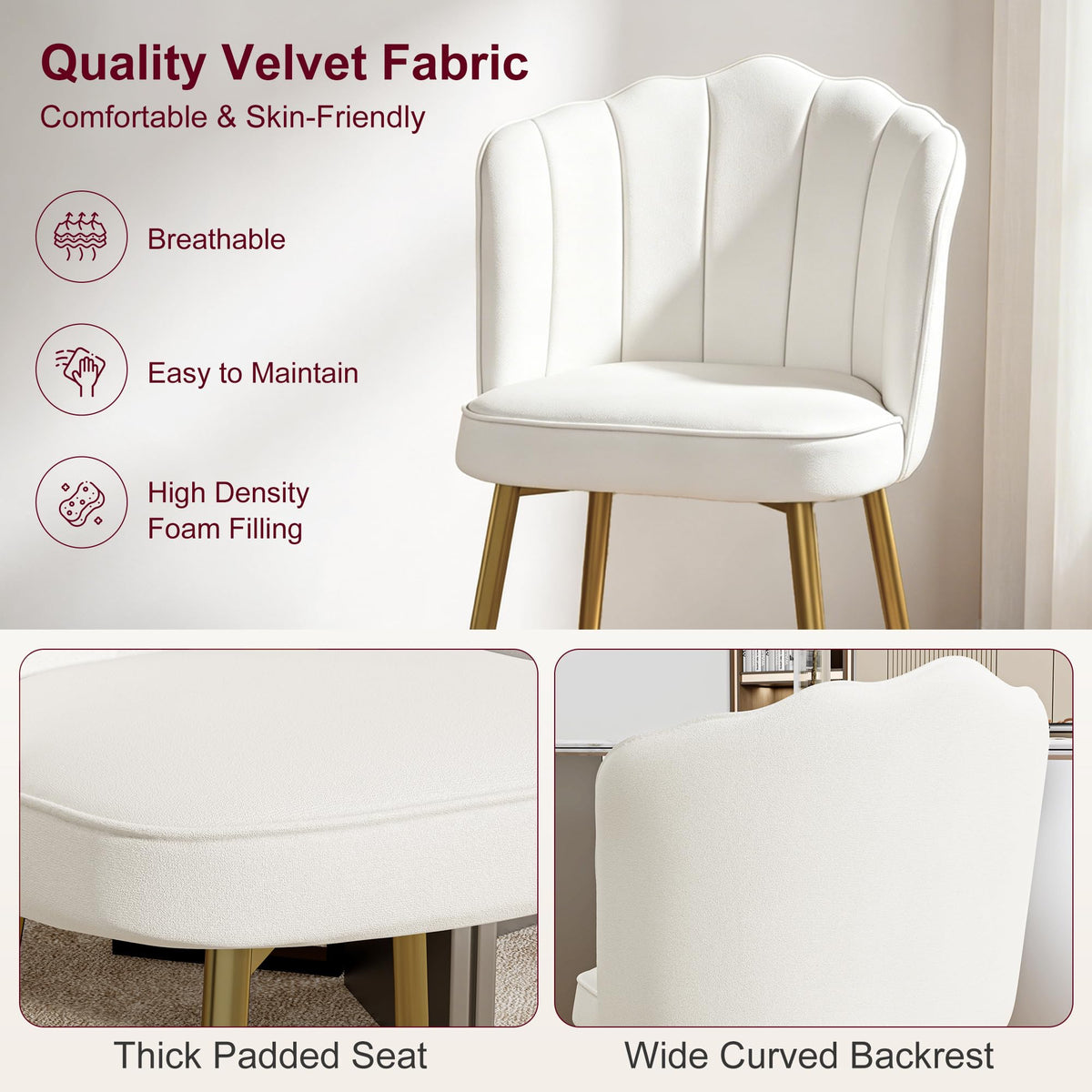 VECELO Velvet Dining Chairs Set of 6, Modern Upholstered Kitchen Chairs with Thick Cushions, Curved Padded Backrest and Metal Legs, for Kitchen, Dining Room, Living Room, White