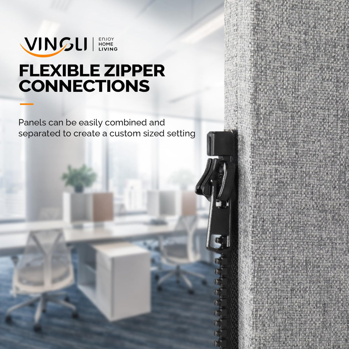 VINGLI Room Divider Screen, Freestanding Privacy Partition Wall, Zipper Connected Panels with Wheels, Office Space Separator (Light Gray, 3 Panel)