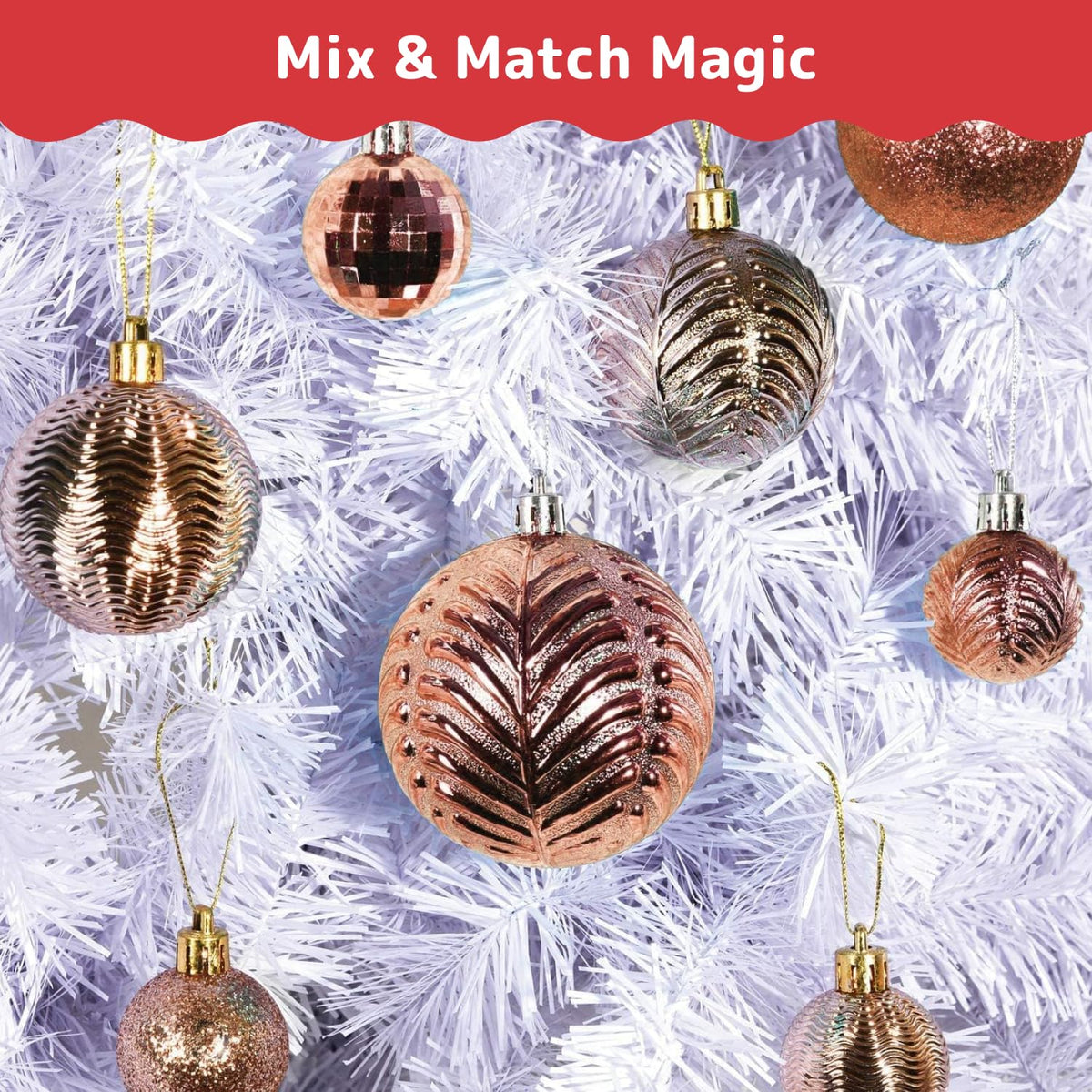 Prextex 36-Pieces Champagne Christmas Ornaments Set - Shatterproof, Festive Christmas Balls Decorations in 3 Sizes and 6 Styles with Hanging Loops for Tree, Wreath, and Dazzling Holiday Party Decor
