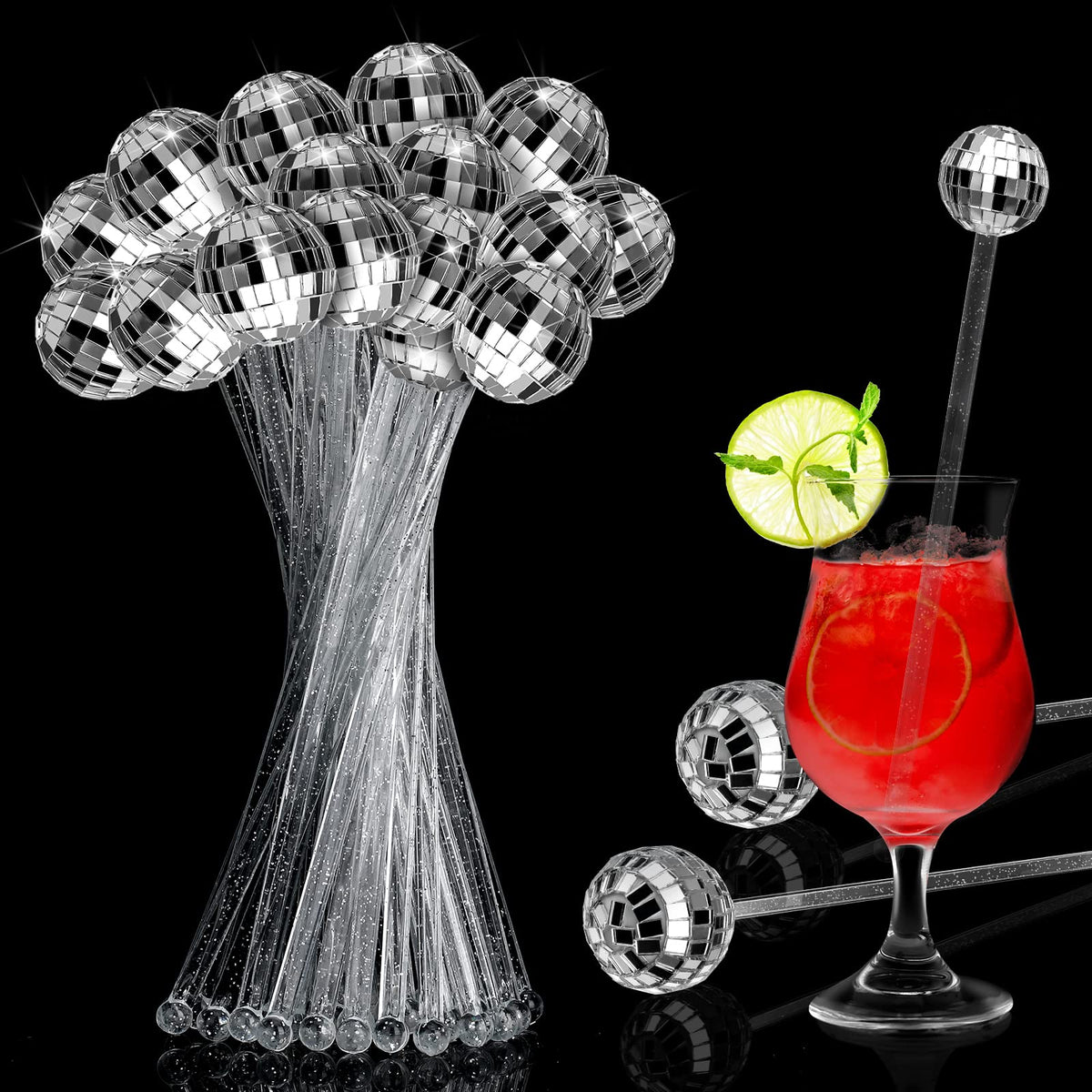 Sawysine 24 Pcs Disco Party Decorations Disco Ball Cocktail Stirrers 8 Inch Silver Mirror Ball Stir Sticks Beverage Coffee Drink Stirrer for 70s 80s Bachelorette Wedding Birthday Party(Silver)