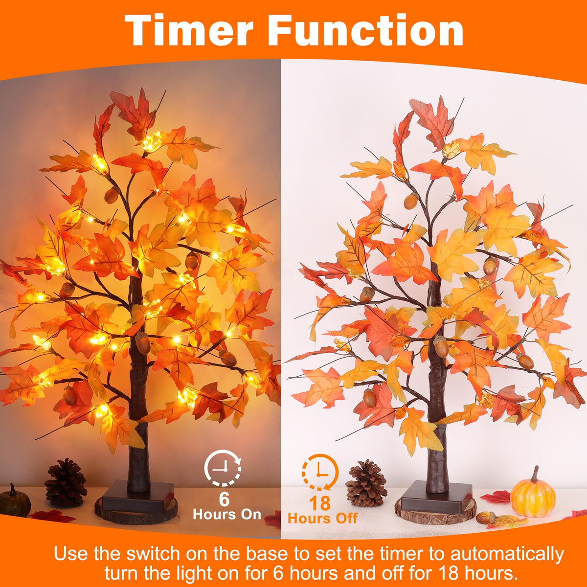 2 Pack 24 Inch Fall Maple Tree Fall Thanksgiving Decorations with Lights Lighted Artificial Tree with Pumpkin Acorn Maple Thanksgiving Table Decoration Centerpieces Indoor Friendsgiving Decor for Home
