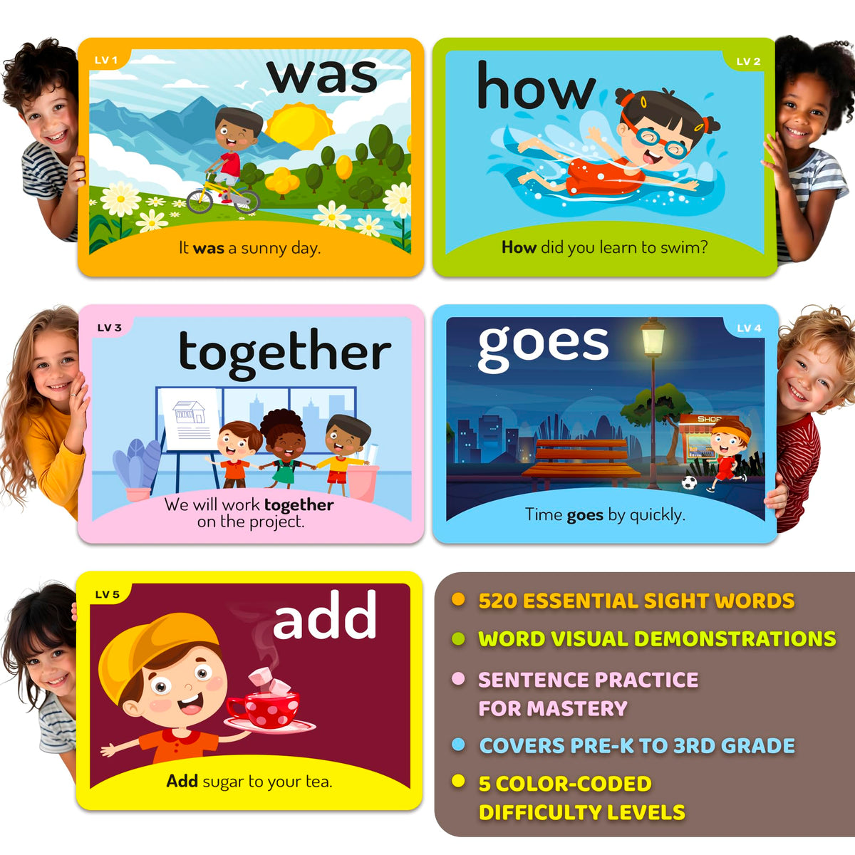 520 Sight Words Flash Cards Kindergarten with Sentences For Kids Ages 4-8 – Based on Dolch Sight Words Lists for Reading Fluency – Flashcards for Studying Pre-K to 3rd Grade - Speech Therapy Materials