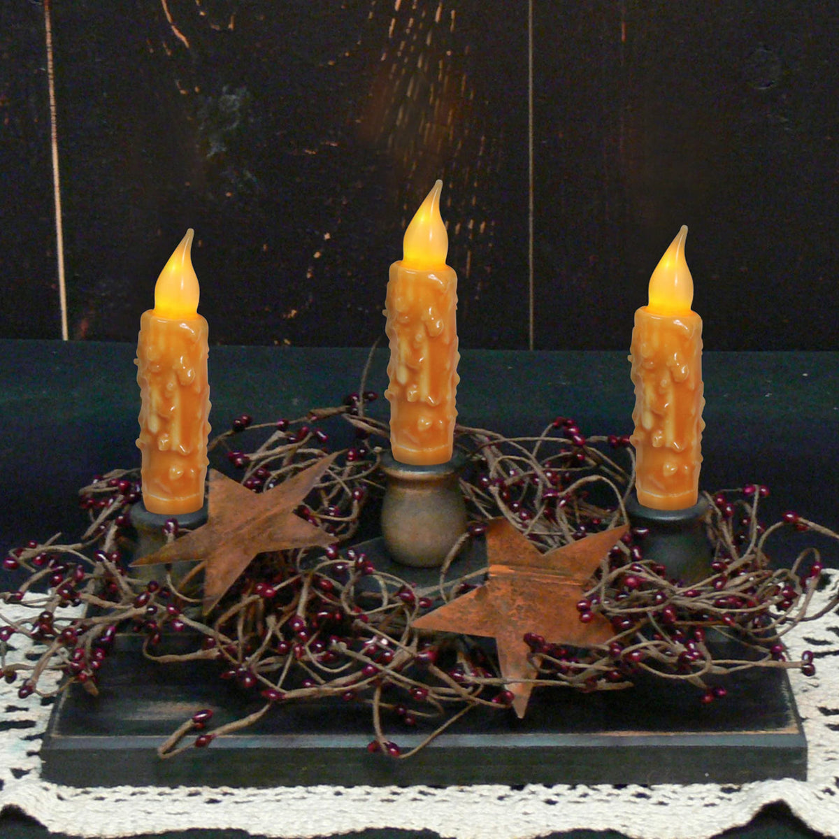 CVHOMEDECO. Real Wax Hand Dipped Battery Operated LED Timer Taper Candles Rustic Primitive Flameless Lights Decor, 4-3/4 Inch, Orange, 3 PCS in a Package