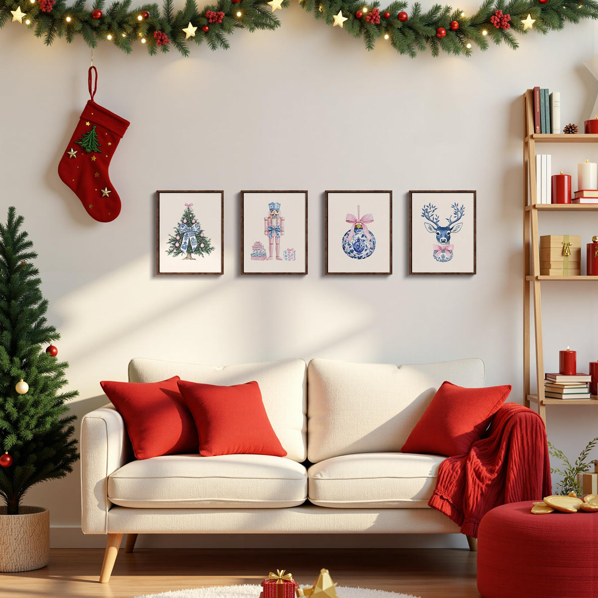 DOFQZ Pink Chinoiserie Christmas Wall Art Prints Set of 4, Grandmillenial Christmas Decor, Preppy Bauble Xmas Tree Nutcracker Reindeer Holiday Posters for Girls Dorm Apartment Decor, 8x10 Unframed
