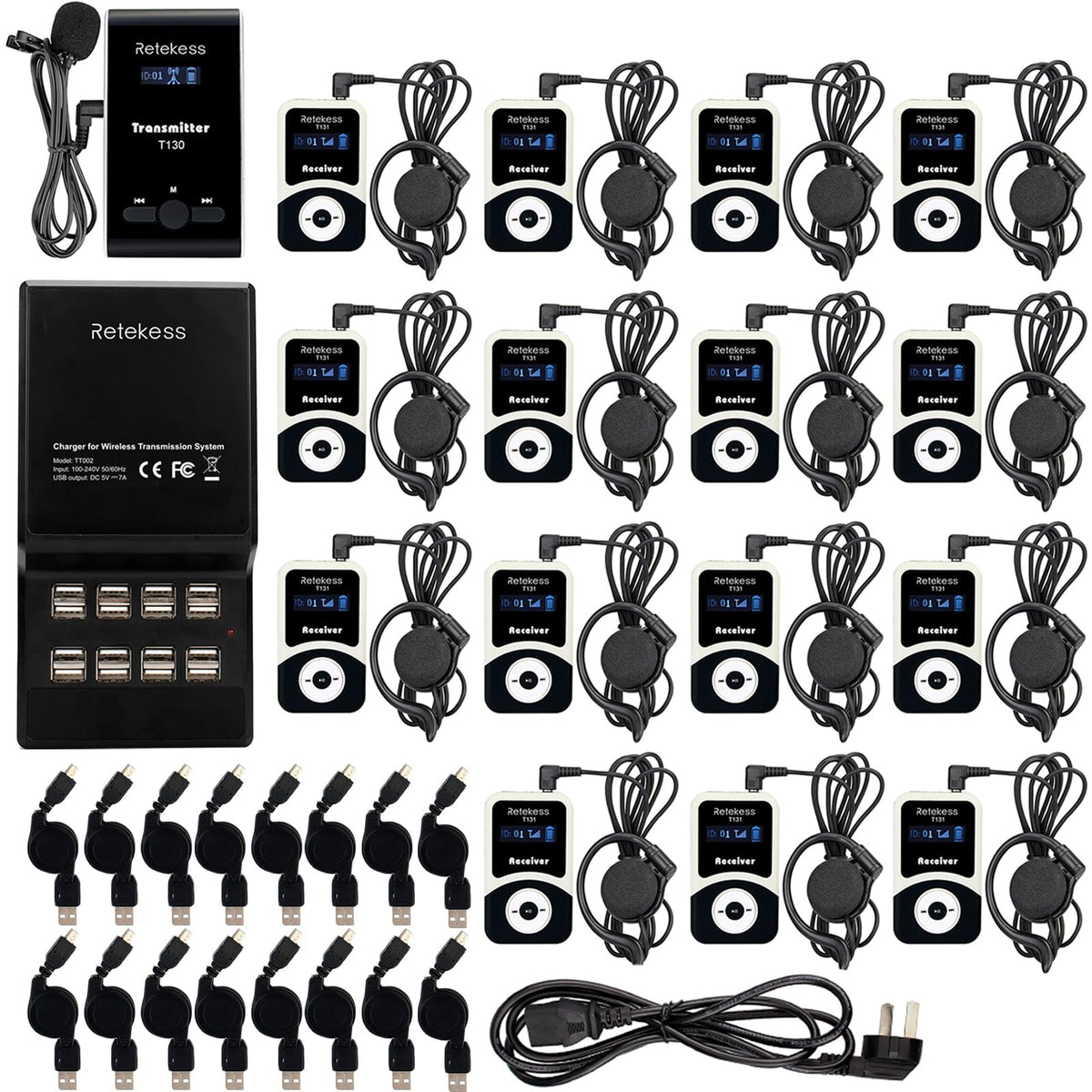 Retekess T130 Church Translation System, Tour Guide Audio System, High Sound Quality Reproduction, Walking Tour Headsets for Court,School (1 Transmitter 15 Receivers and 1 USB Charger)