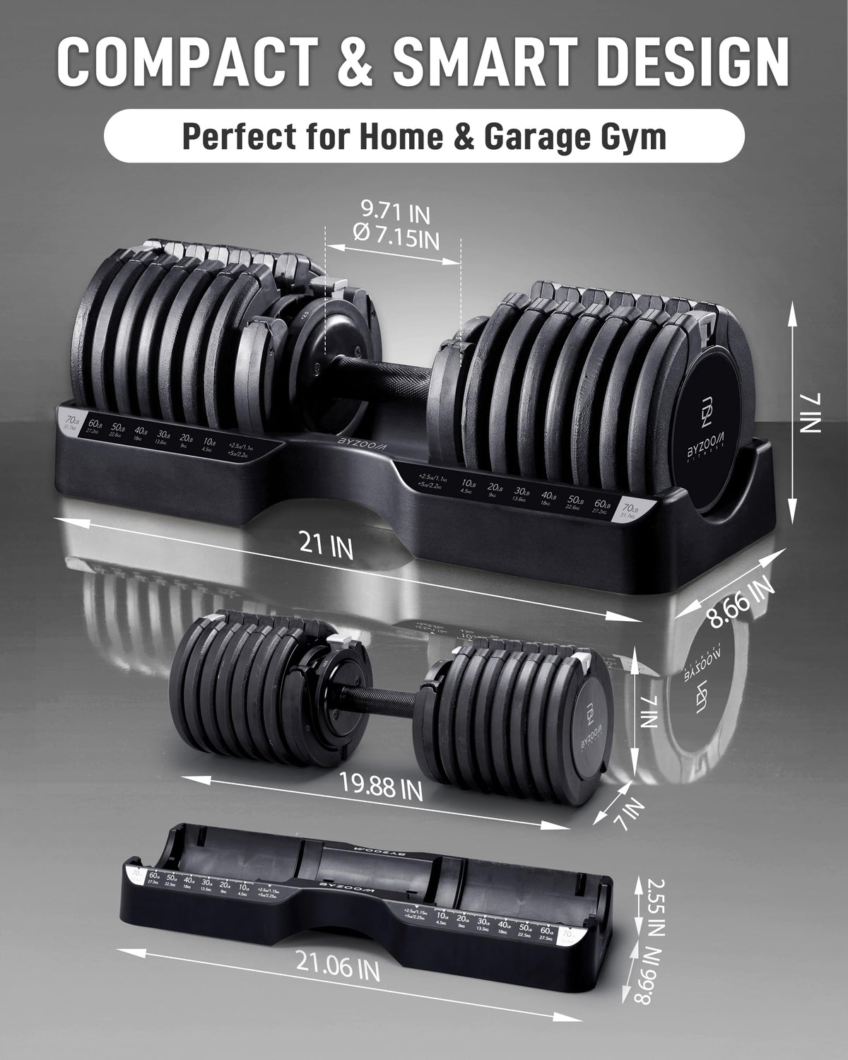 BYZOOM FITNESS Pure Series 75LB Adjustable Dumbbell SINGLE UNIT - 21-in-1 Flexible Hand Weights with Precision Micro Plate for Harcore Users Home Gym, Strength Training & Fitness Workouts, Black