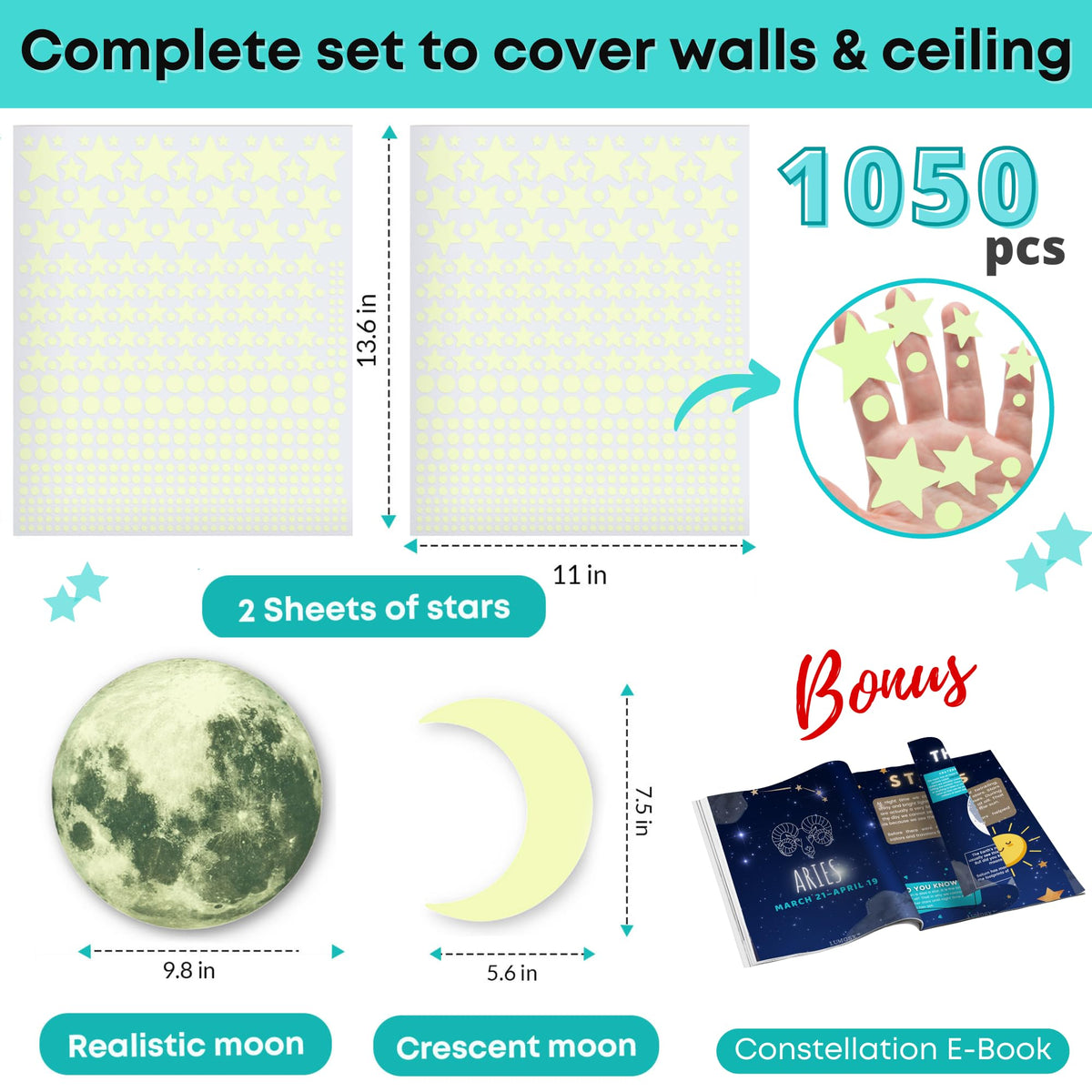 Glow in The Dark Stars for Ceiling - 1050 Pcs with Bonus Constellation E-Book & Moons | Glow in The Dark Stickers for Kids Room Decor Ceiling Stars (Blue) | LUMOSX