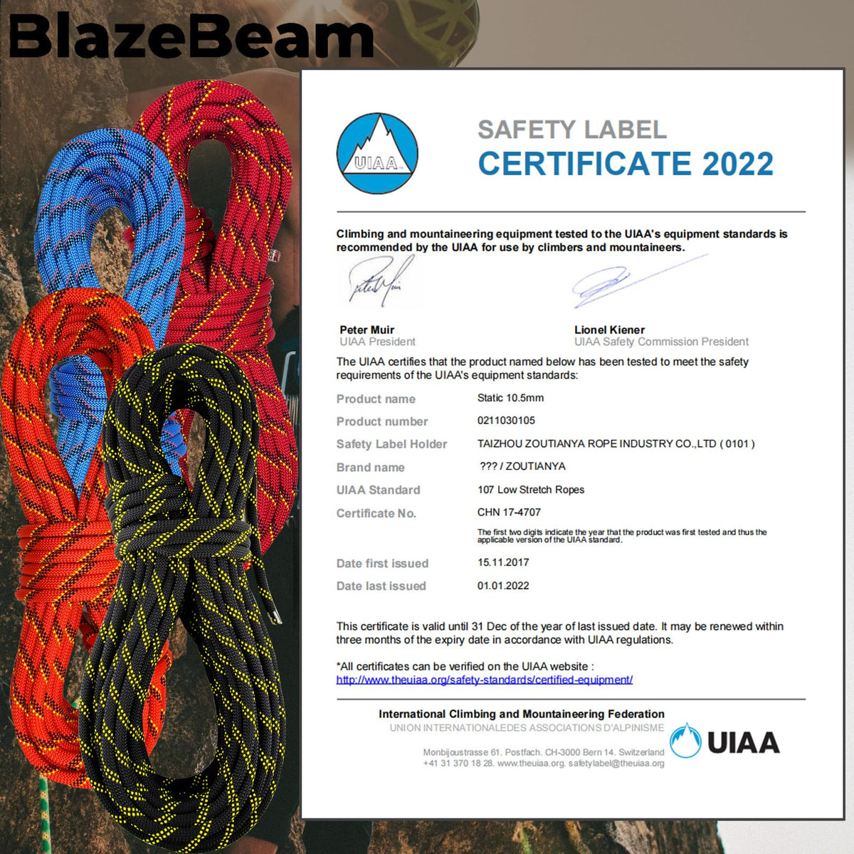 BlazeBeam Static Climbing Rope 10.5mm UIAA Static Line Rappelling Rope 15M (50ft) Nylon Kern Mantle Rope for Escape Rope Rock Climbing, Mountain Tree Climbing, Hauling, Rescue