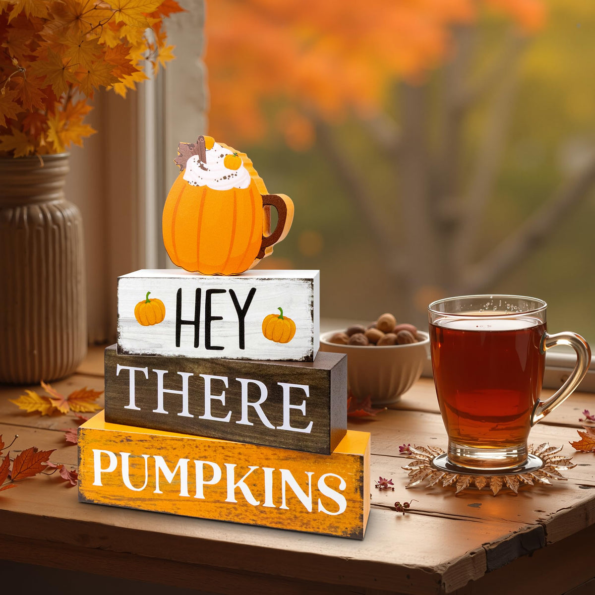4 Pcs Fall Decor Wooden Tiered Tray Decor, Pumpkins Autumn Decorations Gifts for Home, Thanksgiving Table Centerpiece for Autumn Harvest Party Kitchen