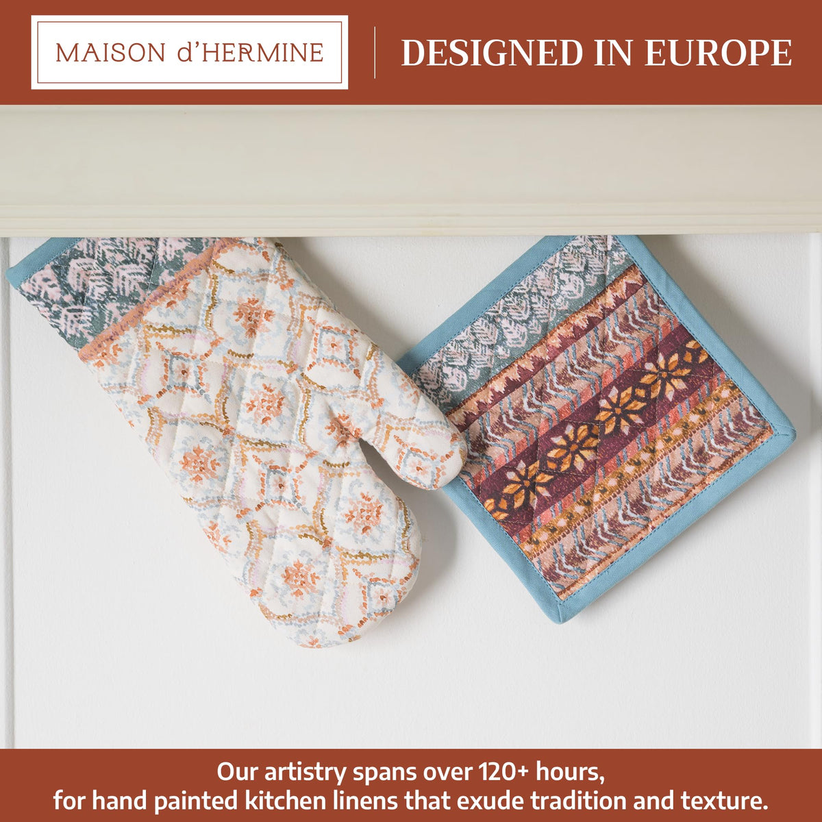 Maison d' Hermine 100% Cotton Oven Mitt & Pot Holder Set (7.5"x13" & 8"x8") Heat Resistant BBQ Cooking Gloves with Loop for Thanksgiving Christmas Decorations Handling Hot Pans (Fair Isle)